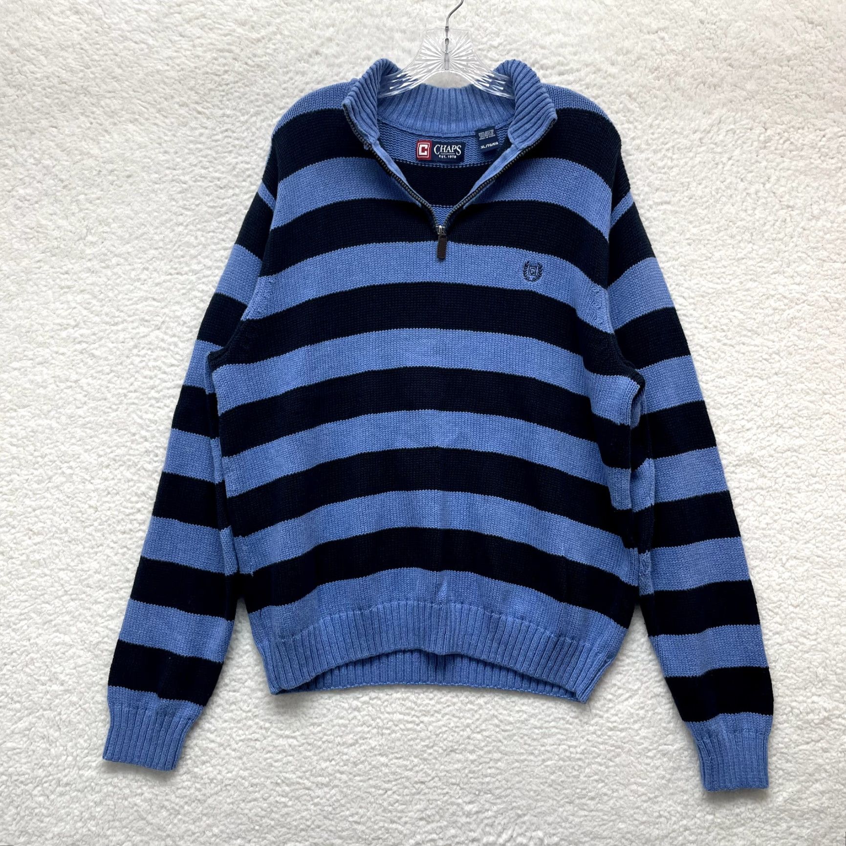 Chaps VINTAGE Chaps Sweater XL Mens Blue Striped Knit 1/4 Zip Pullover Preppy Rugby Size US XL / EU 56 / 4 - 2 Thumbnail