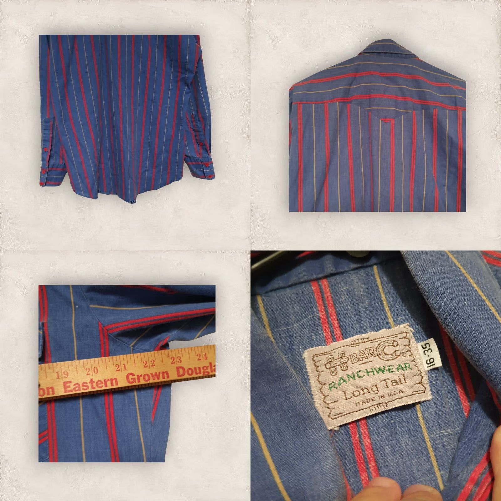 Vintage VINTAGE H Bar C Men’s Large Blue Stripe Red Button Longtail Western Shirt 16-35 Size US L / EU 52-54 / 3 - 8 Thumbnail