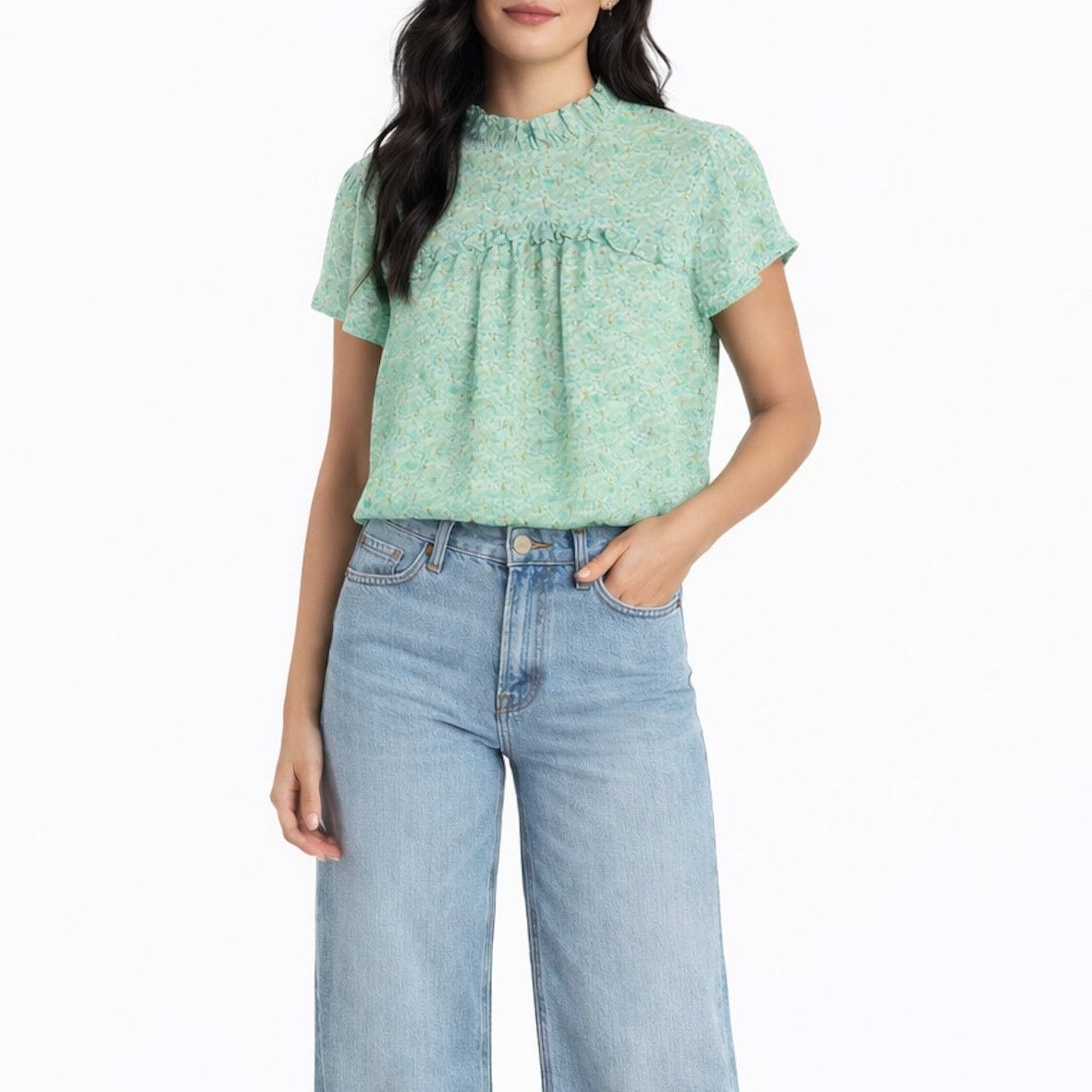 Joie Joie Green Floral Babydoll Blouse Gold Accents Medium Size S / US 4 / IT 40 - 1 Thumbnail