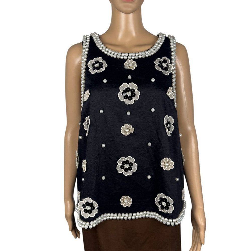 Anthropologie NWT New $158 Maeve 3D Flower Pearl Black Top Size XL Size XL / US 12-14 / IT 48-50 - 2 Thumbnail