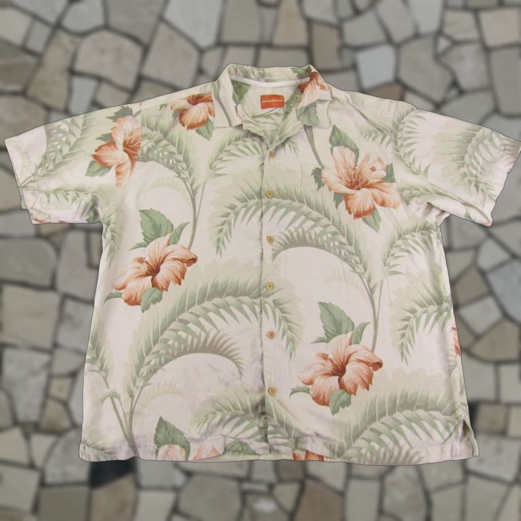 Tommy Bahama VINTAGE Tommy Bahama Shirt Mens XL Beige Green Hawaiian Floral Loop Collar Camp Silk ^ Size US XL / EU 56 / 4 - 1 Thumbnail