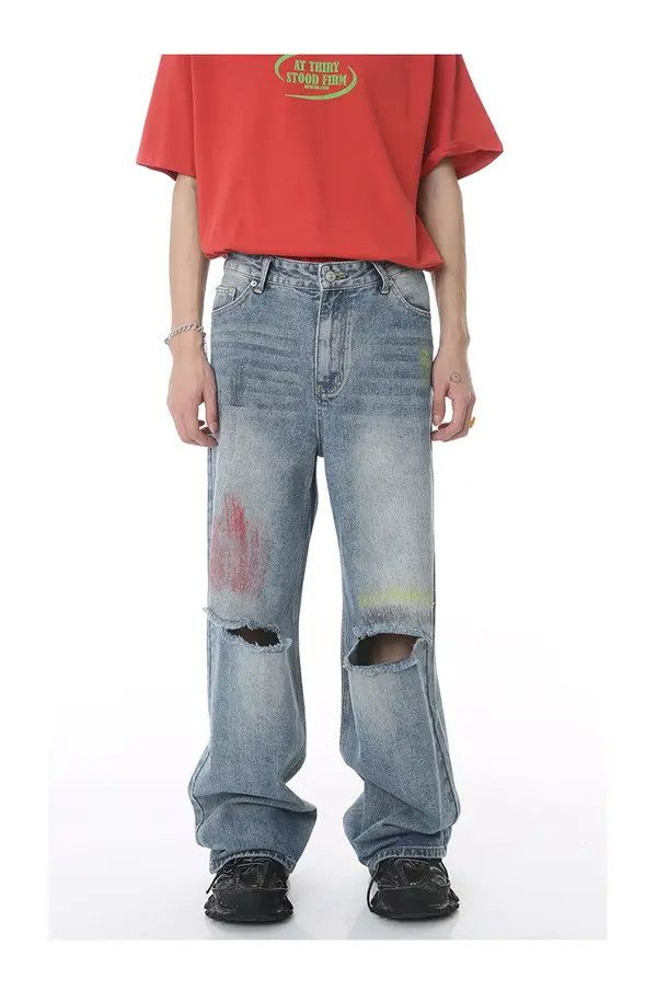 Japanese Brand VIBE Japanese retro graffiti loose wide-leg ripped jeans Size US 32 / EU 48 - 6 Thumbnail