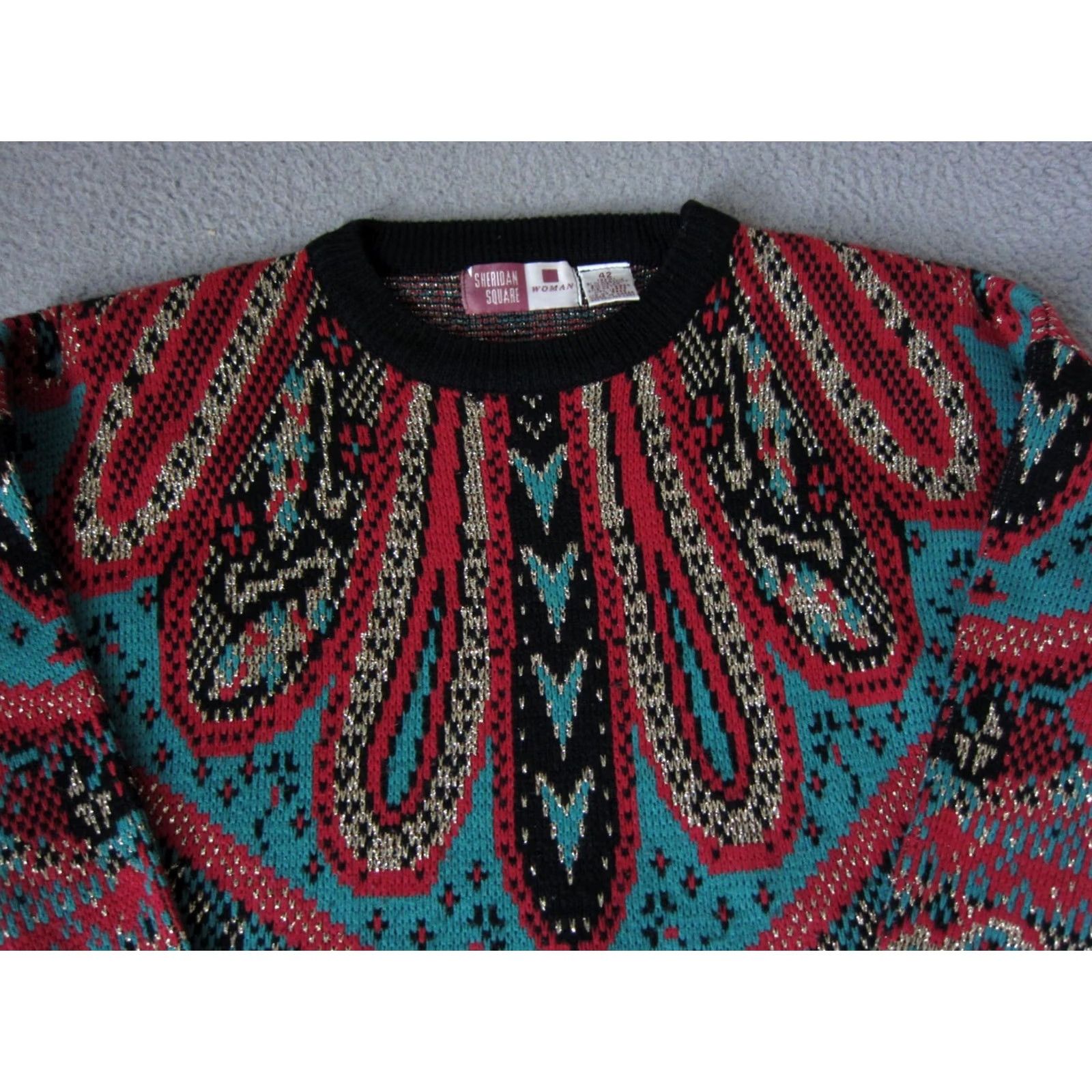 Vintage VINTAGE Sheridan Square Sweater Womens 22W Black Red Blue Paisley Baroque Gold 90s 80s Size 3XL / US 20-22 - 3 Thumbnail