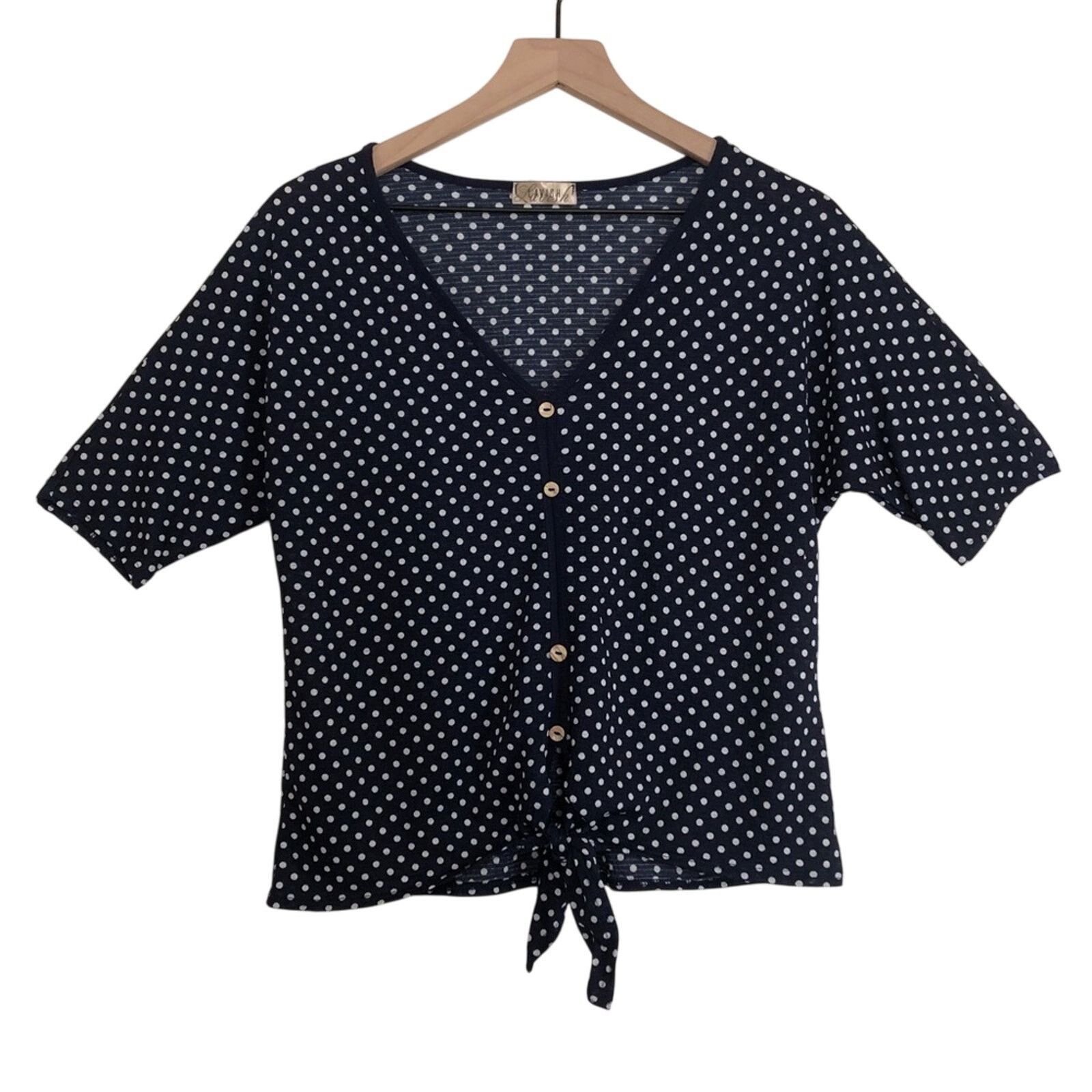 Other Lavish Navy Blue White Polka Dots Button V-Neck Blouse Top Size M / US 6-8 / IT 42-44 - 1 Thumbnail