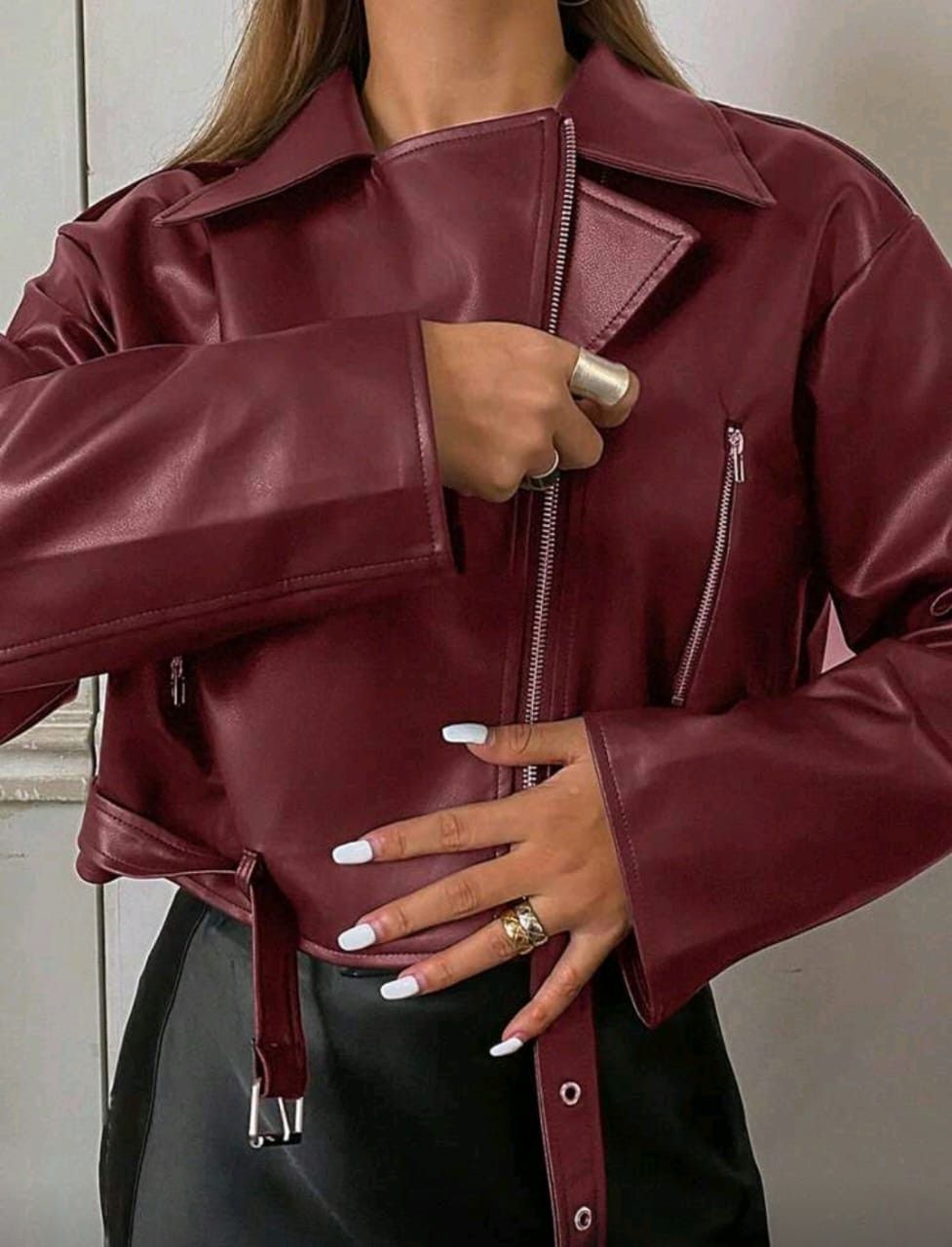Other Women’s Burgundy Faux Leather Biker Jacket–Cropped Fit 🍷🔥 Size S / US 4 / IT 40 - 5 Thumbnail