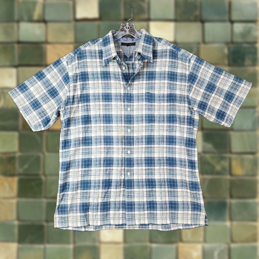 Tommy Hilfiger TOMMY HILFIGER Men's Cotton Button-Up Shirt - Blue Plaid - Short Sleeve - XL - Regular Size Size US 36 / EU 52 - 1 Thumbnail
