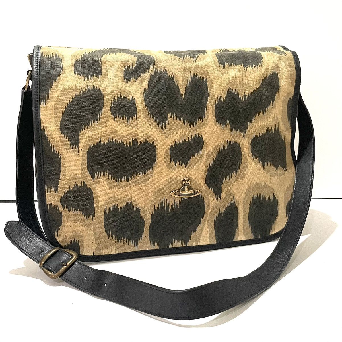 Vintage Leopard Print Canvas Messenger Bag in Beige, Men's