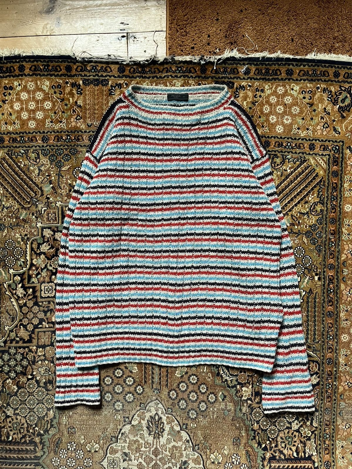 image of Prada Fw13 Red/bone/black/blue Striped Boatneck Knit Sweater, Men's (Size Medium)