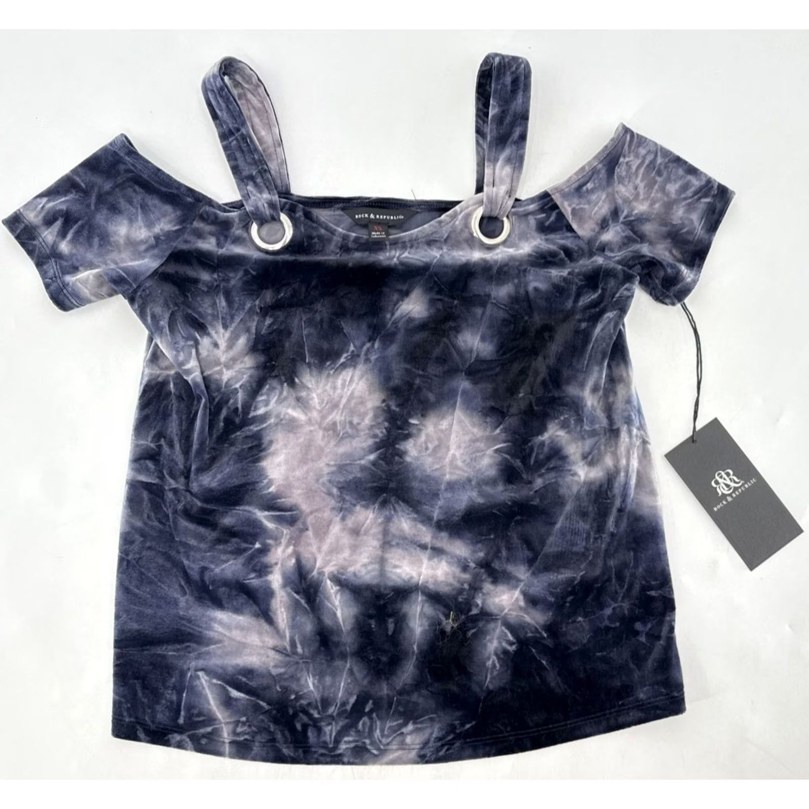 Vintage Rock&Republic Rock & Republic Shirt Womens XS Blue Velvet Tie Dye Cold Shoulder Metallic Mayhem Grunge Punk Blouse Top Tunic Strap Grommet Size XS / US 0-2 / IT 36-38 - 3 Thumbnail