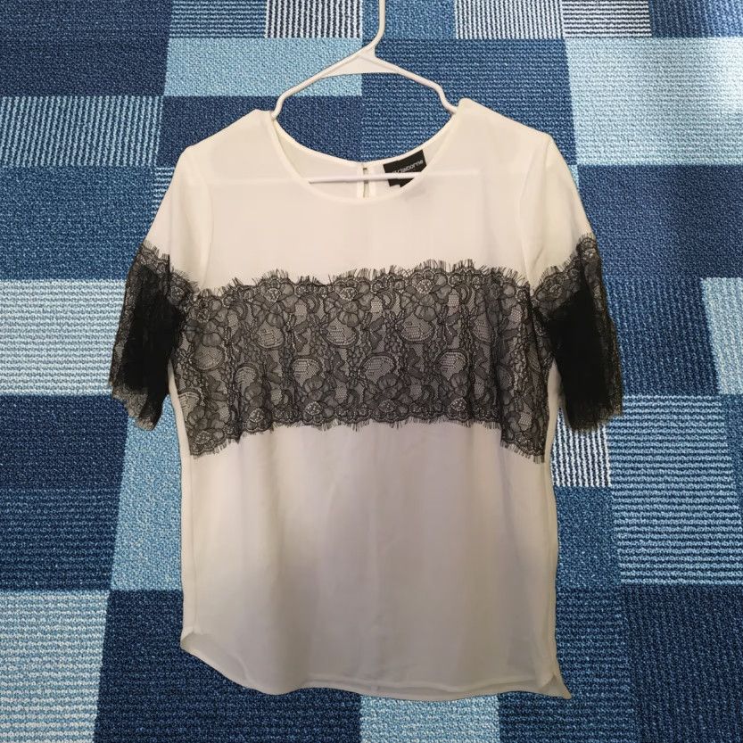 Liz Claiborne Liz Claiborne Womens Blouse White Black Lace Sleeves Round Neck Sz M Shirt Top Size M / US 6-8 / IT 42-44 - 1 Thumbnail