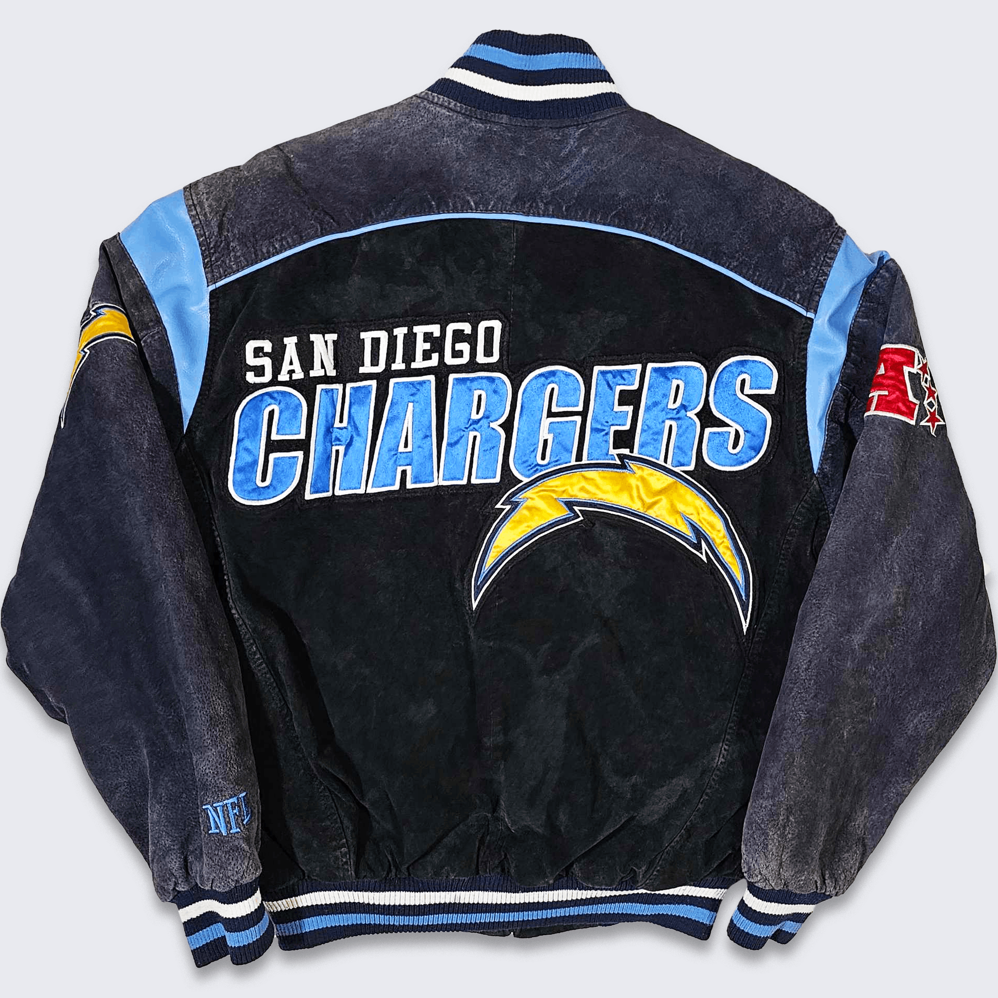 image of San Diego Chargers Vintage Nfl Suede Leather Bomber Jacket in Dark Navy Blue, Men's (Size Medium)