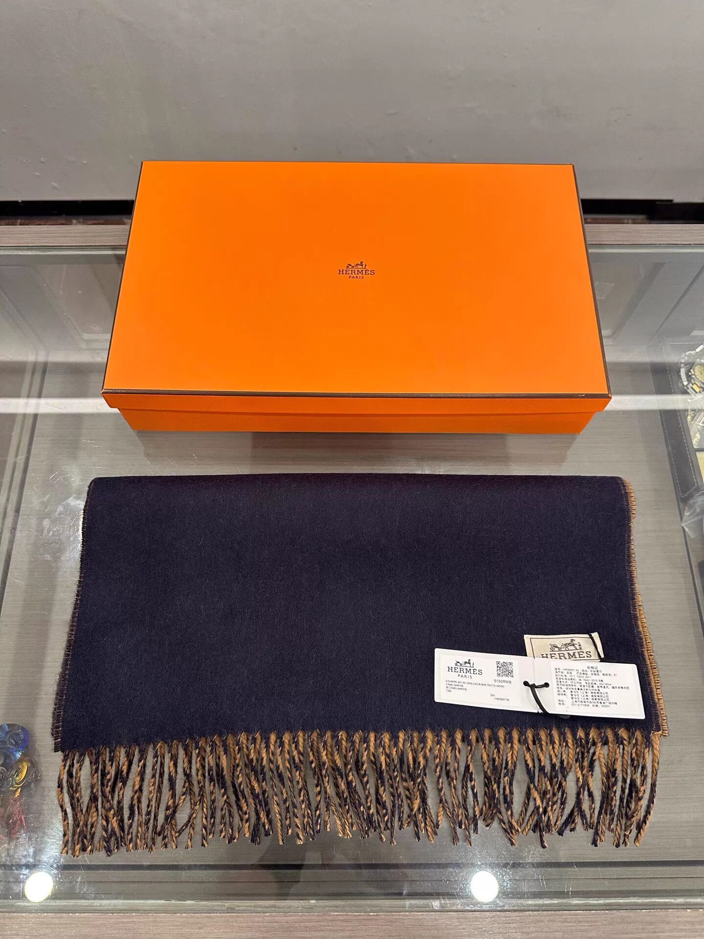 Hermes Hermes Navy & Brown Cashmere Tassel Scarf 40x160cm New Size ONE SIZE - 2 Thumbnail