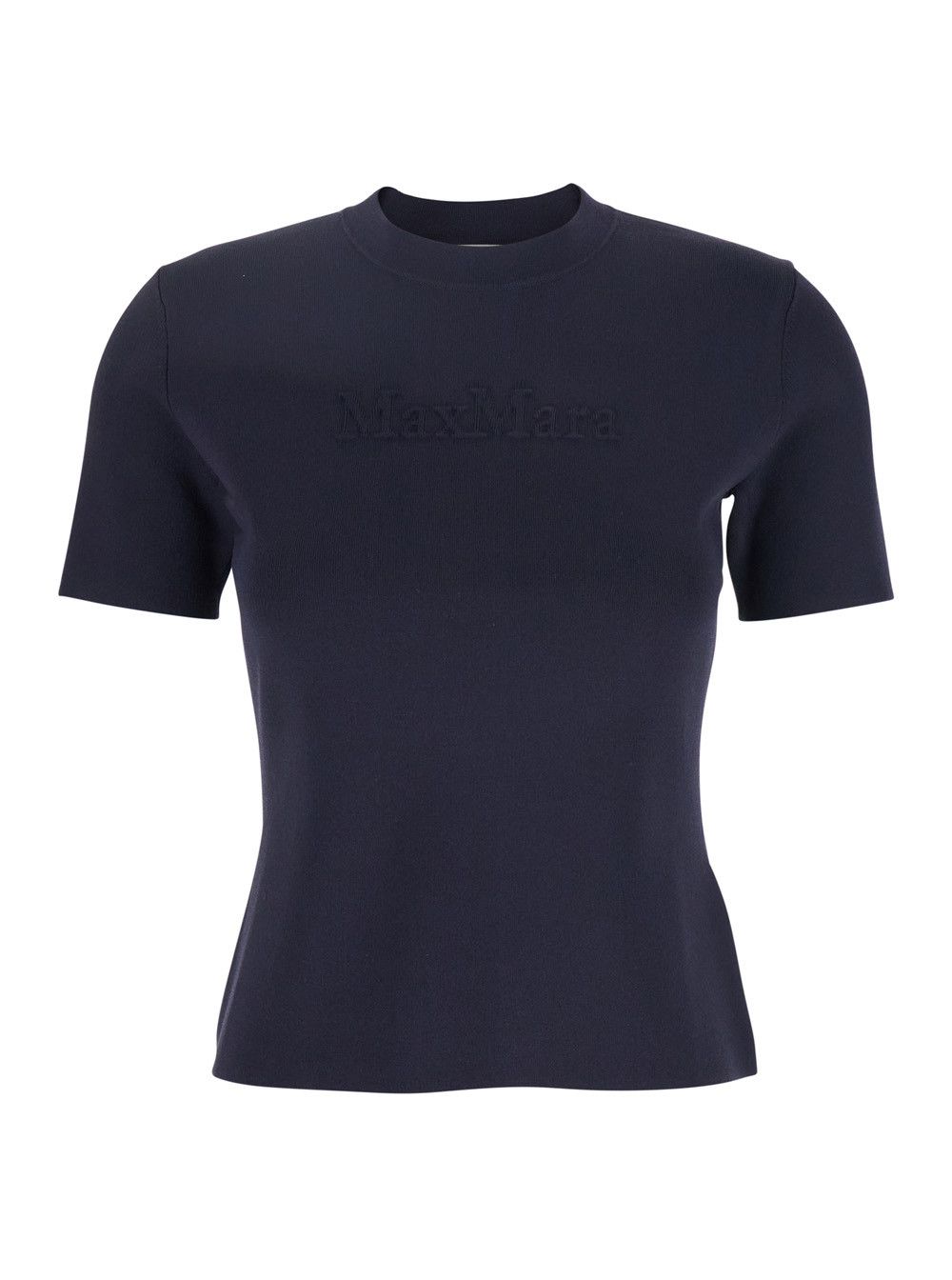 Max Mara Blue Crewneck T-Shirt with Tonal Logo Lettering on the Front in Viscose Blend Woman Size L / US 10 / IT 46 - 1 Thumbnail