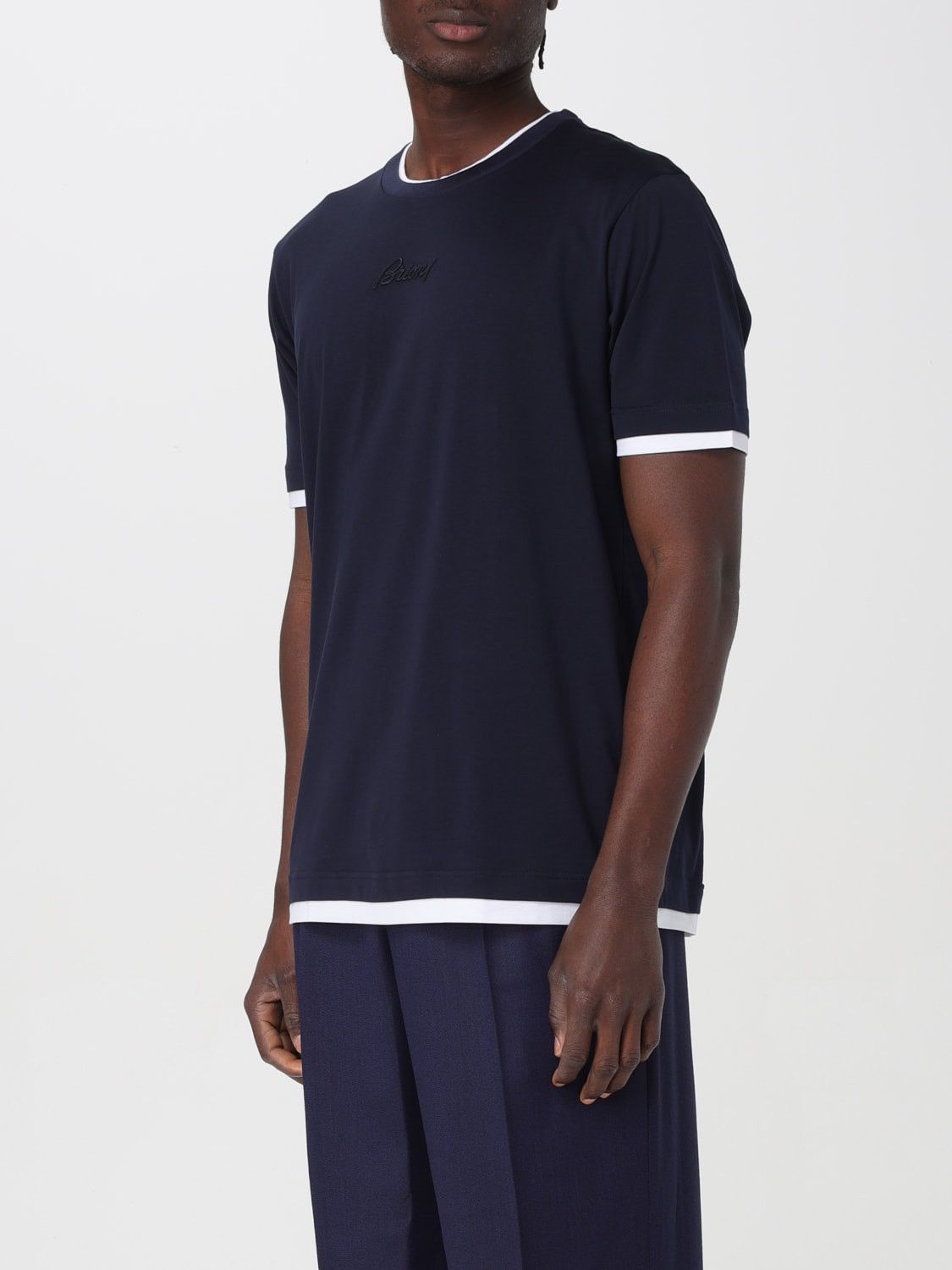 Brioni Brioni Embroidered Logo Cotton T-Shirt Navy Blue Size US L / EU 52-54 / 3 - 3 Thumbnail