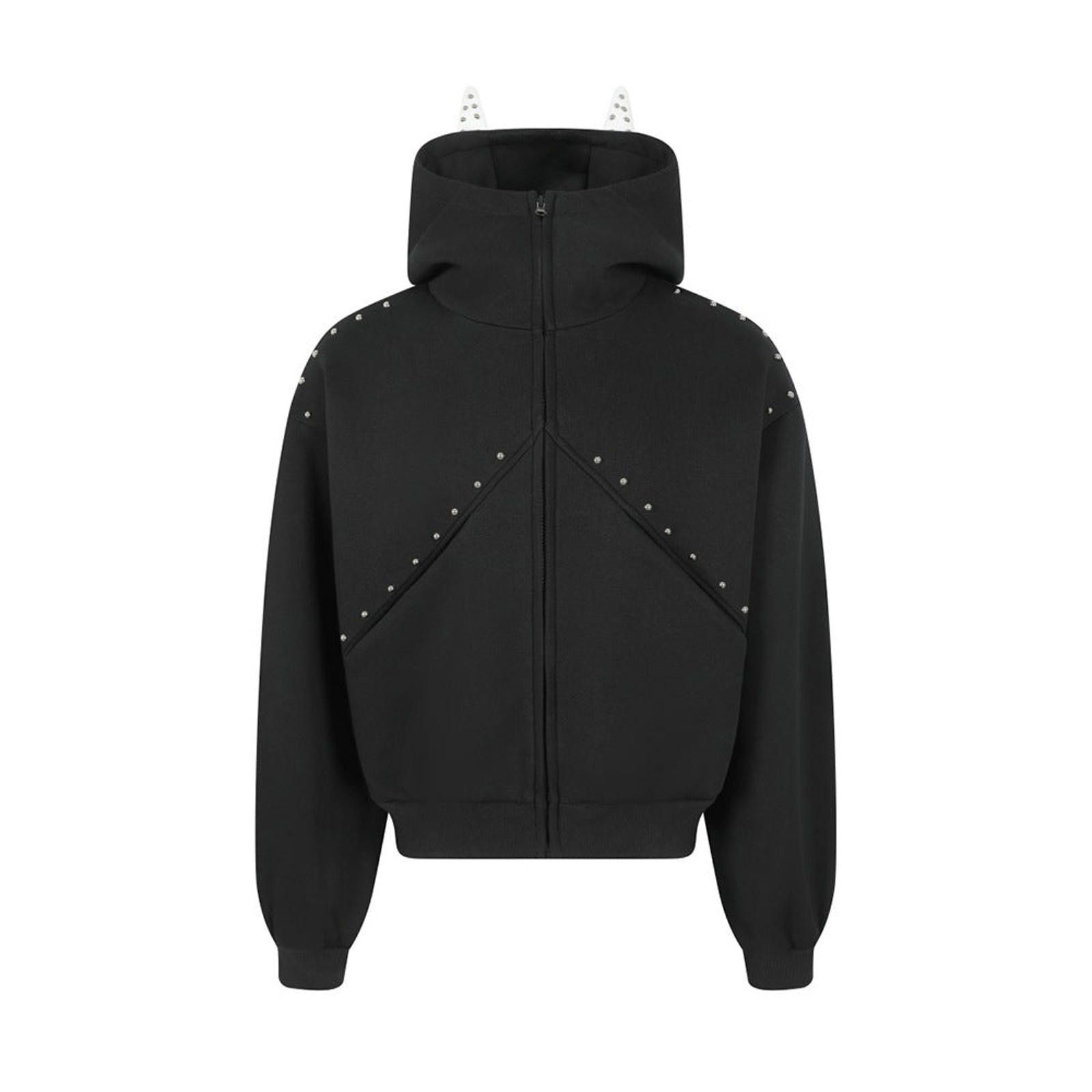 Japanese Brand Gray Studded Hooded Horn Zip-Up Hoodie Size ONE SIZE - 5 Thumbnail
