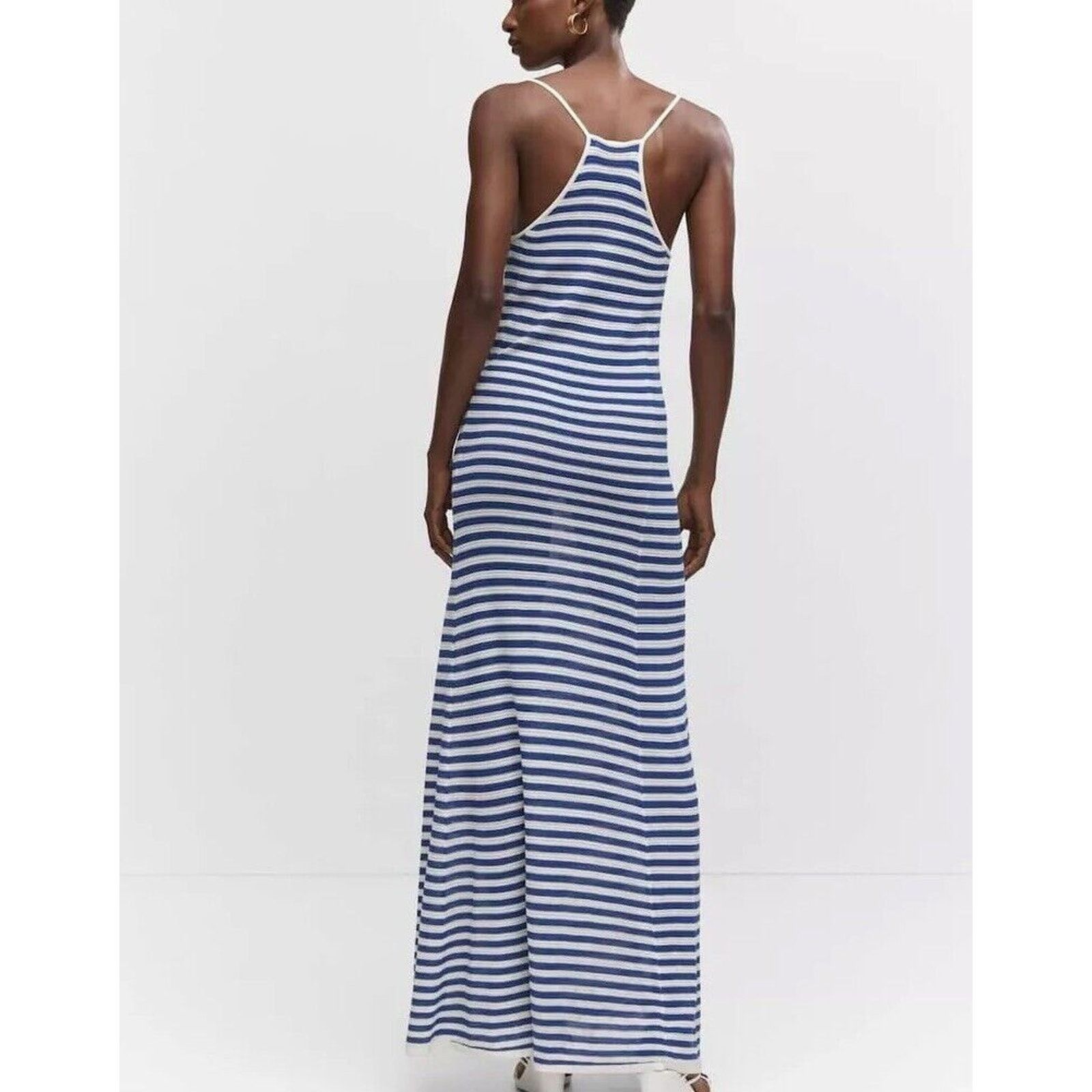 Mango MNG White Blue Striped V-Neck Thin Straps Maxi Dress XXS Size XXS / US 00 / IT 34 - 2 Thumbnail