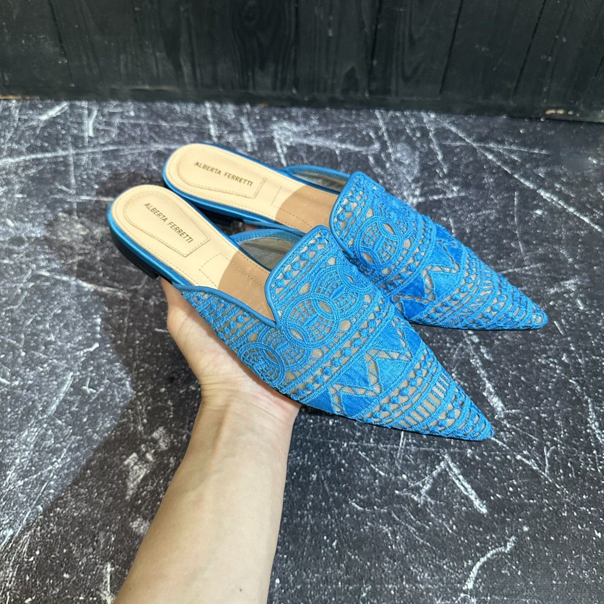 Alberta Ferretti Alberta Ferretti Blue Lace and Satin trim Flat mules size 41 Size US 11 / IT 41 - 1 Thumbnail