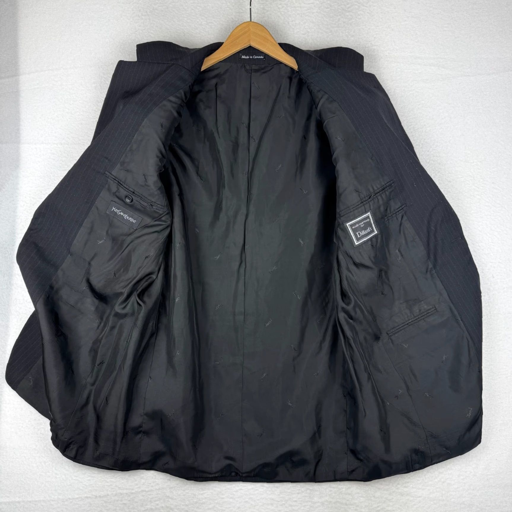 Yves Saint Laurent VINTAGE Saint Laurent YSL Mens Blazer Coat Wool 2 Piece Notch Lapel Black Pinstripe 44L Long Jacket Size 44R - 7 Thumbnail