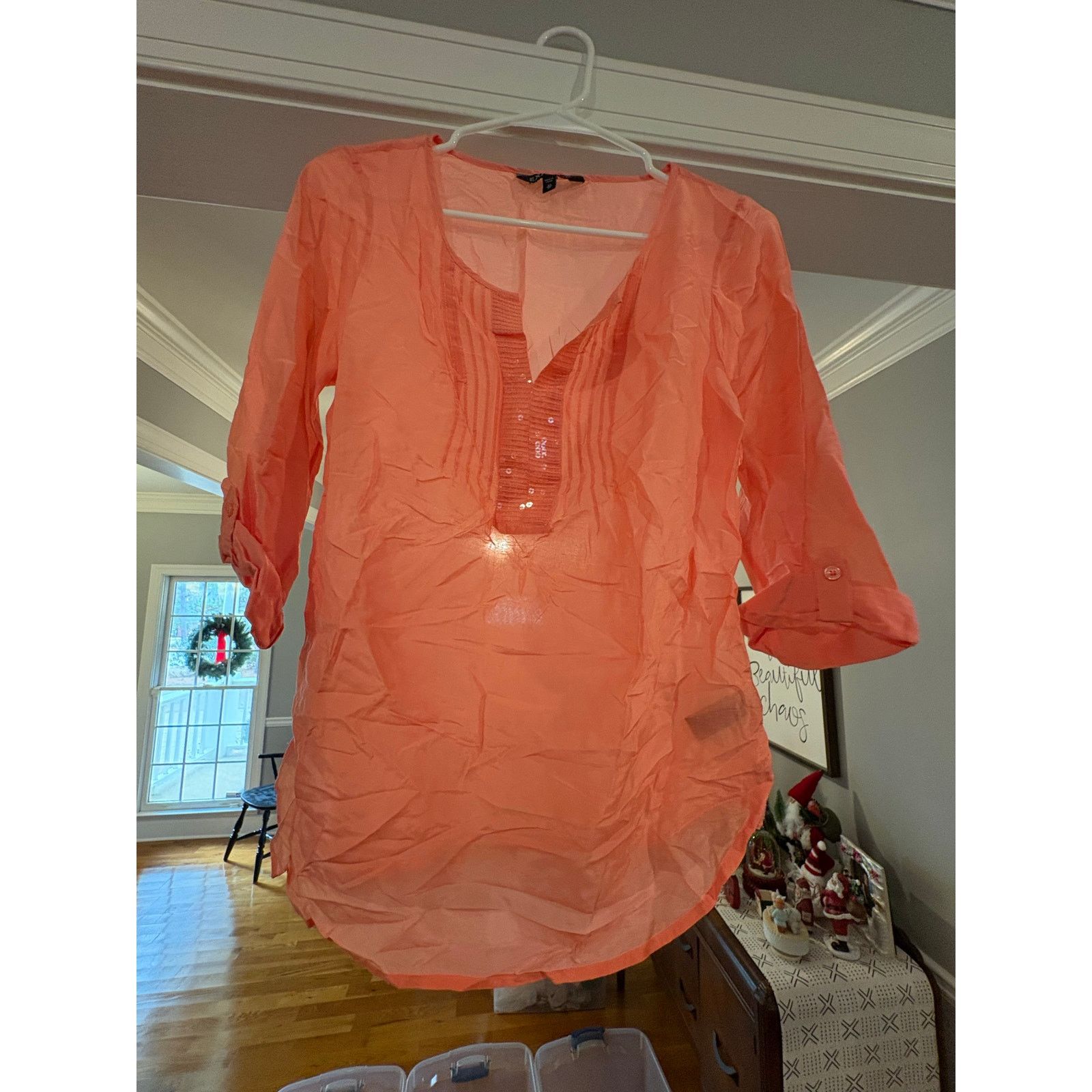 Express Express Women’s XS Sheer Coral Chiffon Blouse Sequin V-Neck Size XS / US 0-2 / IT 36-38 - 2 Thumbnail
