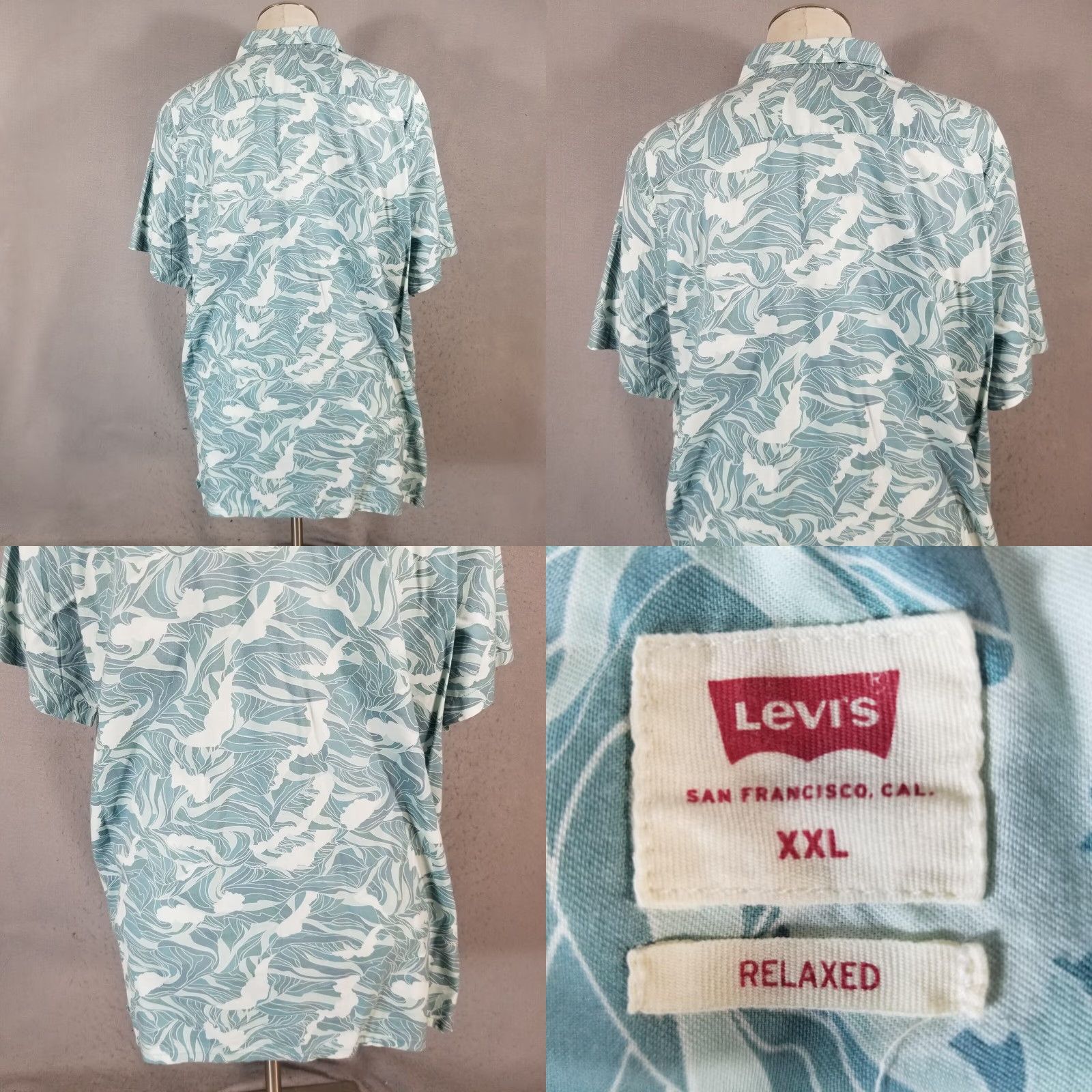 Levi's Hawaiian Shirt Men 2XL Blue Floral Short Sleeve Button-Up Shirt Knit Cotton Polyester Casual Travel