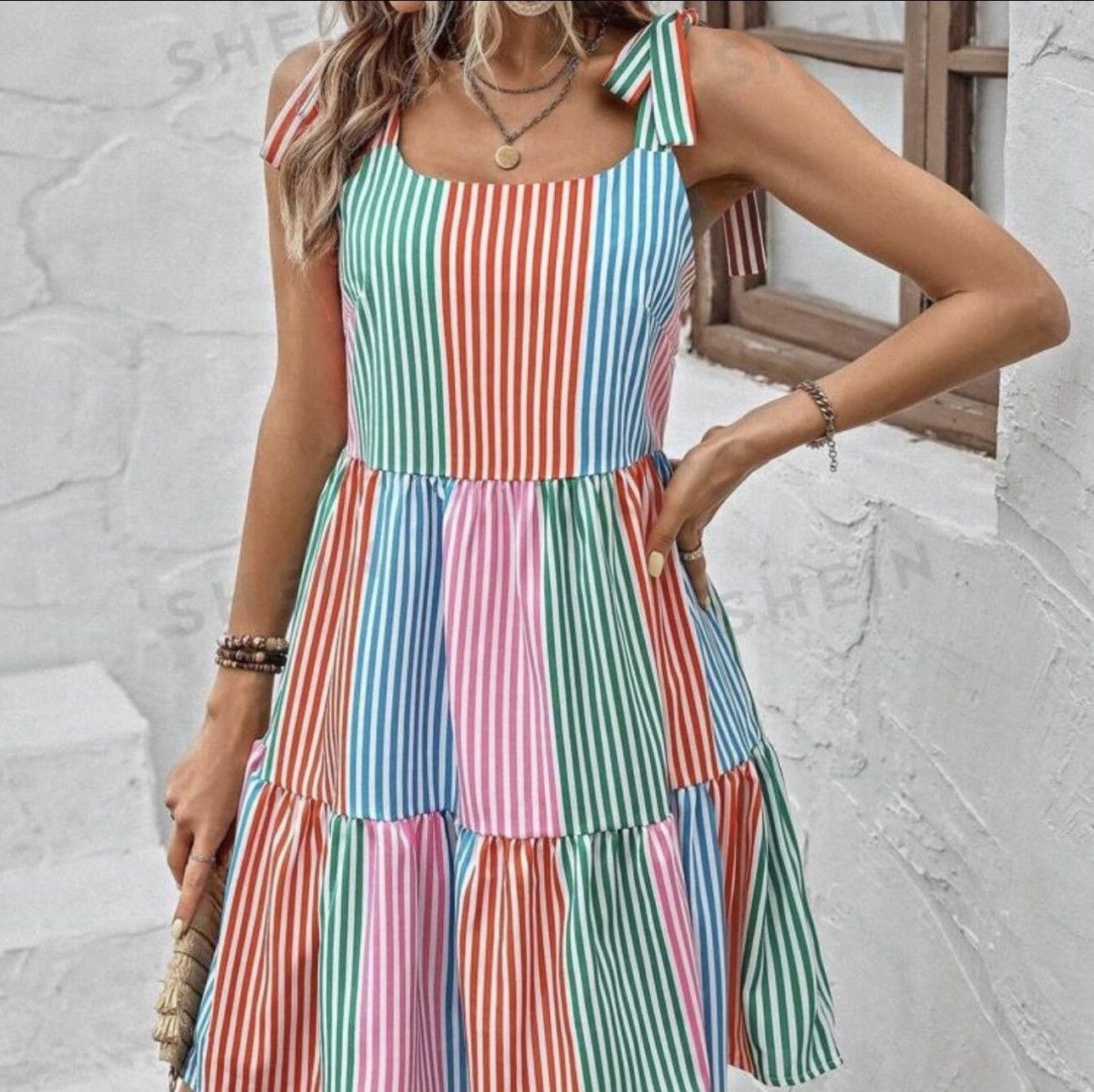 Shein SHEIN VCAY Striped Print Ruffle Hem Knot Shoulder Cami Dress Size M / US 6-8 / IT 42-44 - 1 Thumbnail