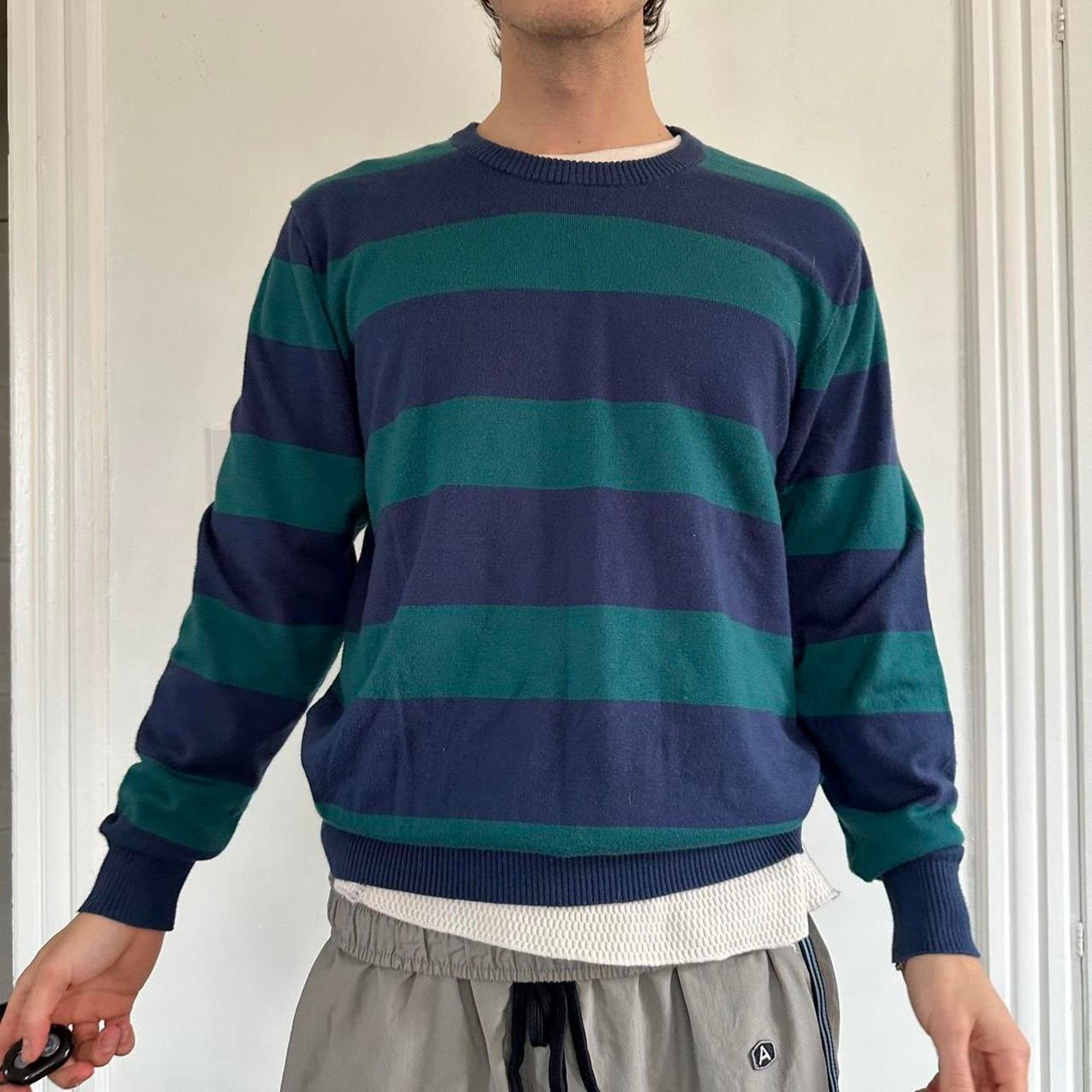 Vintage Vintage 00s Striped Preppy Basic Fitted Green Navy SweateR Size US L / EU 52-54 / 3 - 7 Thumbnail