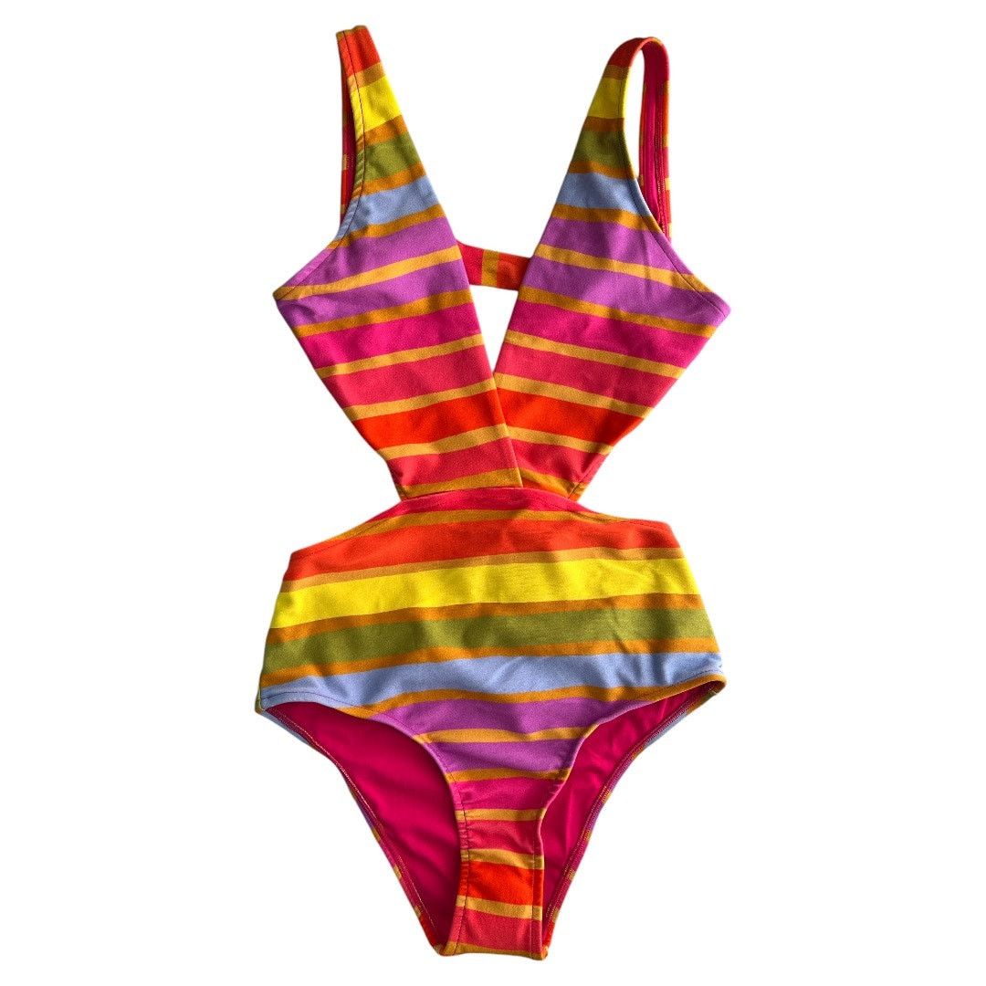 Farm Rio FARM RIO Shiny Stripes V-Neck Cutout One Piece Swimsuit, XS Size ONE SIZE - 1 Thumbnail