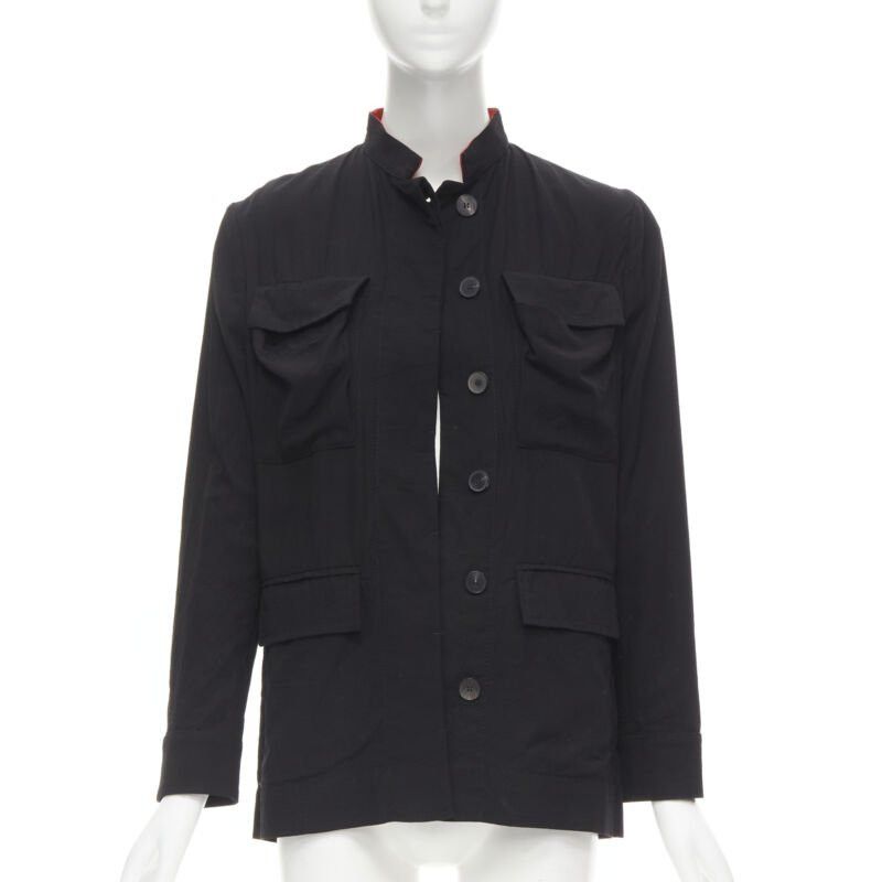 HAIDER ACKERMANN black cotton flap pockets red mandarin collar jacket FR34 XS