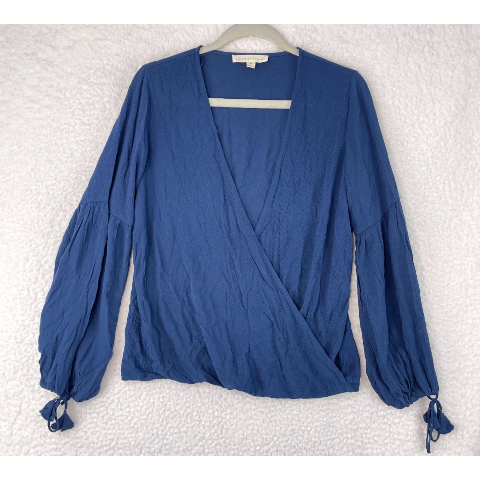 Vintage Lovestitch Navy Blue Crepe Wrap Shirt Womens Medium Long Sleeve Tassel V-Neck Blouse Size M / US 6-8 / IT 42-44 - 2 Thumbnail