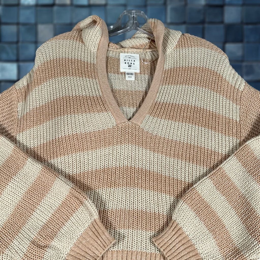 Billabong Billabong Sweater Womens Medium Beige Striped Hooded V-Neck Pullover Casual Size M / US 6-8 / IT 42-44 - 1 Thumbnail