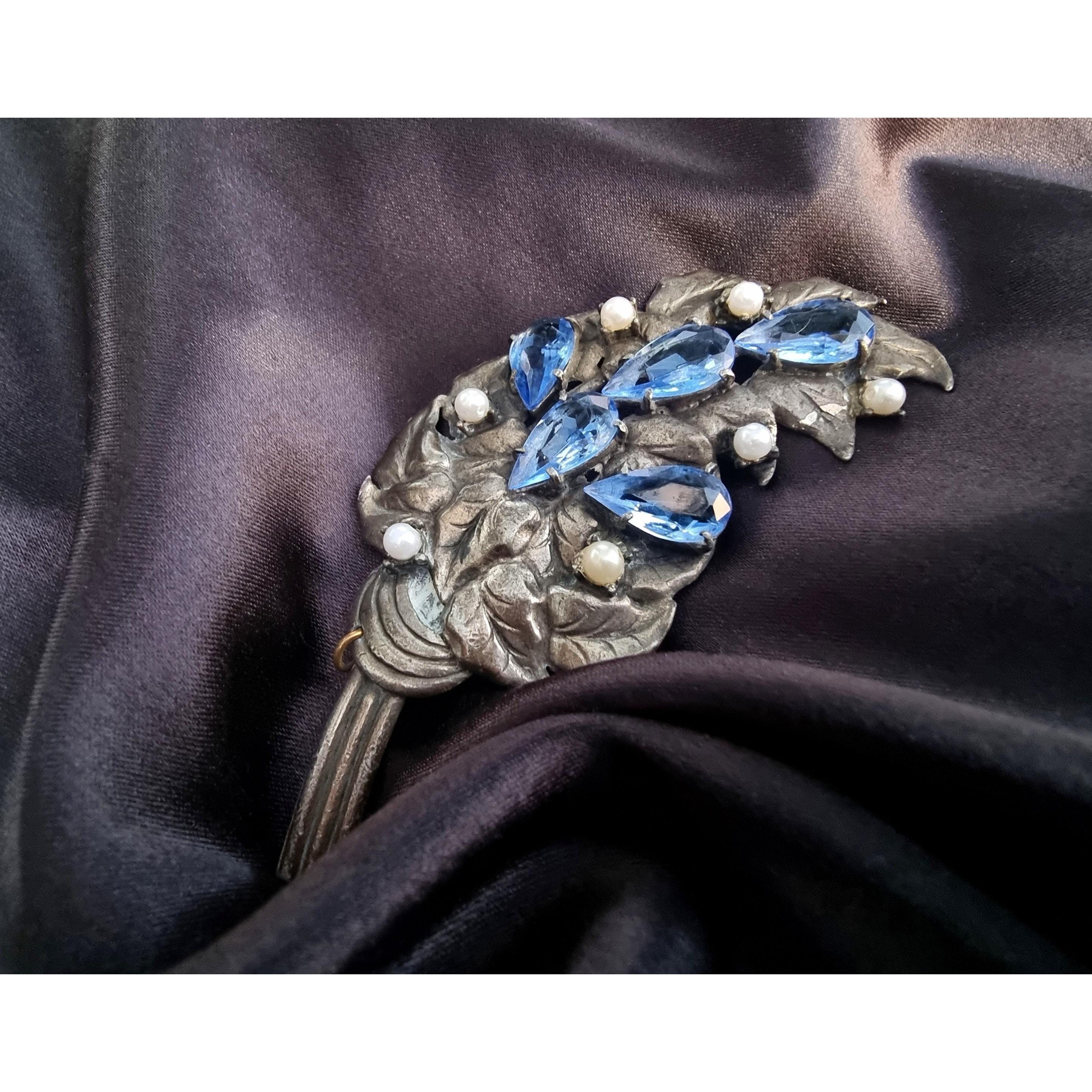 Other Rare Find Vintage 1930-1940s Blue Rhinestones Silver Metal T Size ONE SIZE - 1 Thumbnail