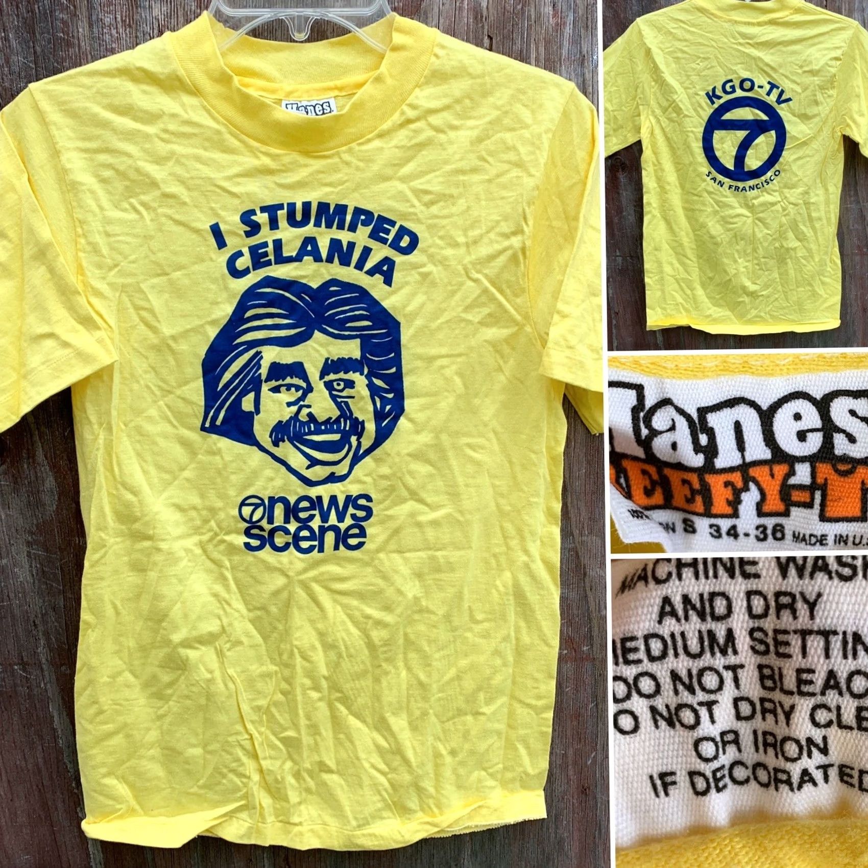 Hanes VINTAGE Hanes KGO-TV 7 San Francisco T-Shirt I Stumped Celania 7 News Scene 70s 80s Yellow Graphic Tee Mens S 34-36 100% Cotton USA 1970s Size US S / EU 44-46 / 1 - 5 Thumbnail