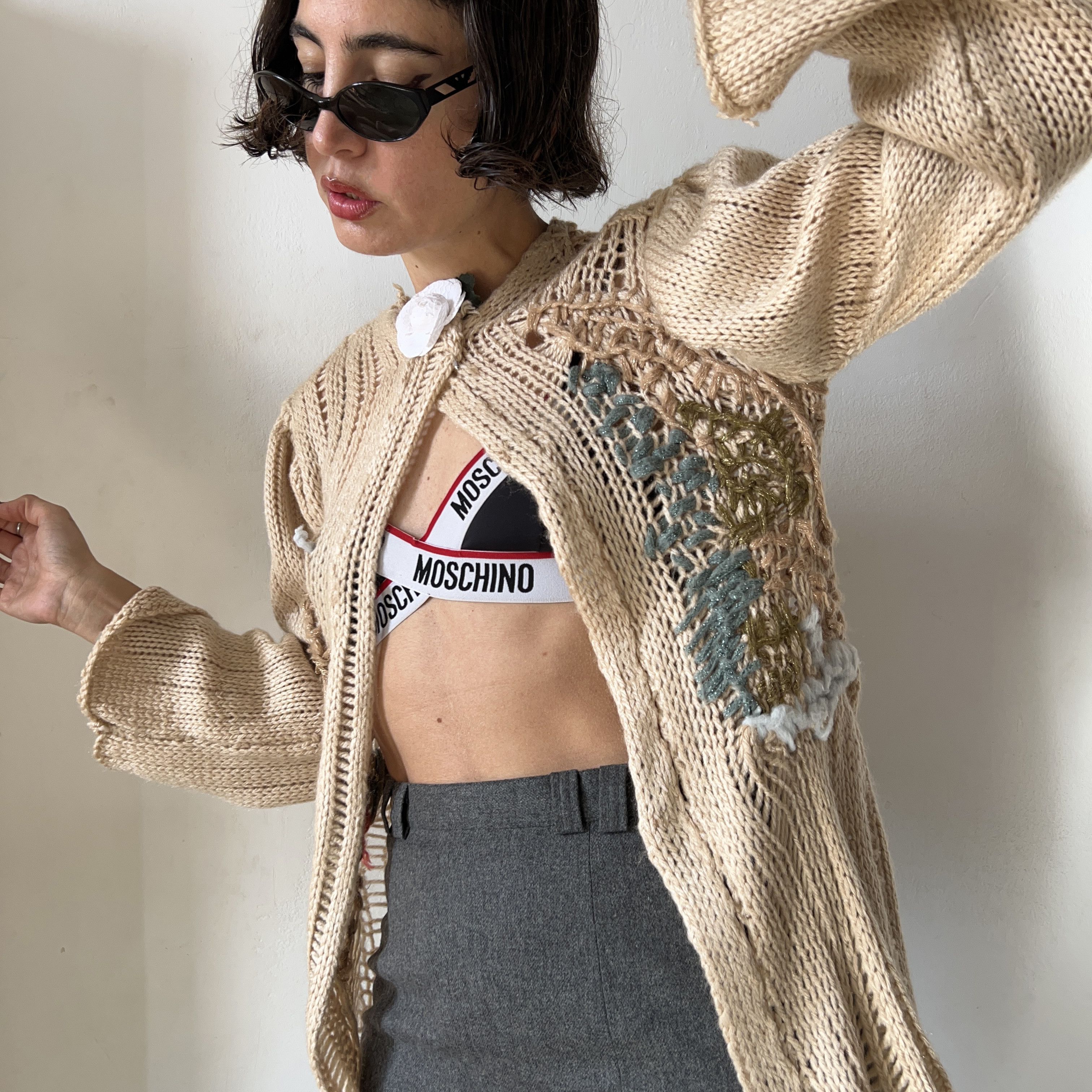Designer × Handmade Hand knitted crochet tapestry beige open cardigan Size S / US 4 / IT 40 - 4 Thumbnail