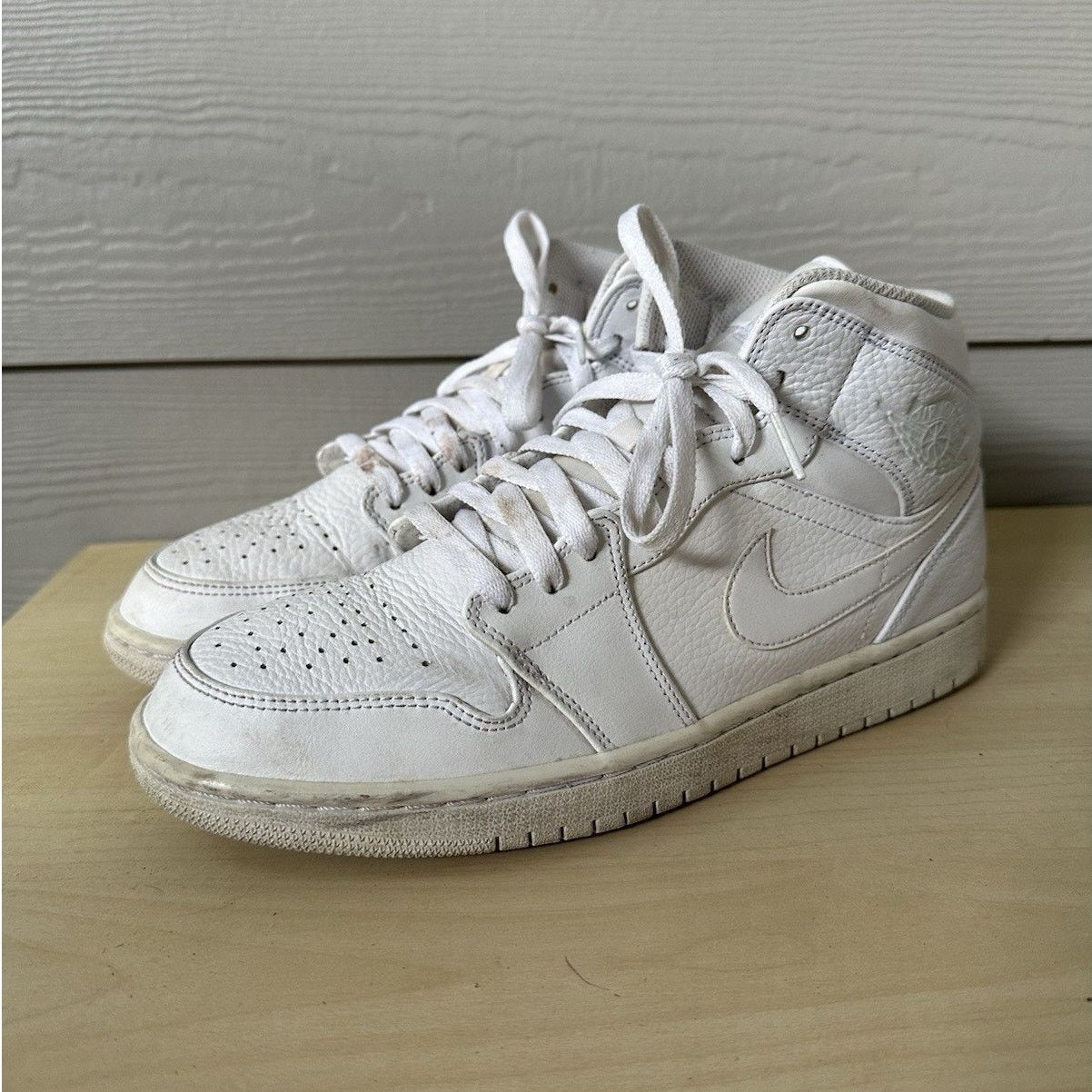 Jordan Nike Size 9.5 - Jordan 1 Mid Triple White Leather Worn Shoes, Men's