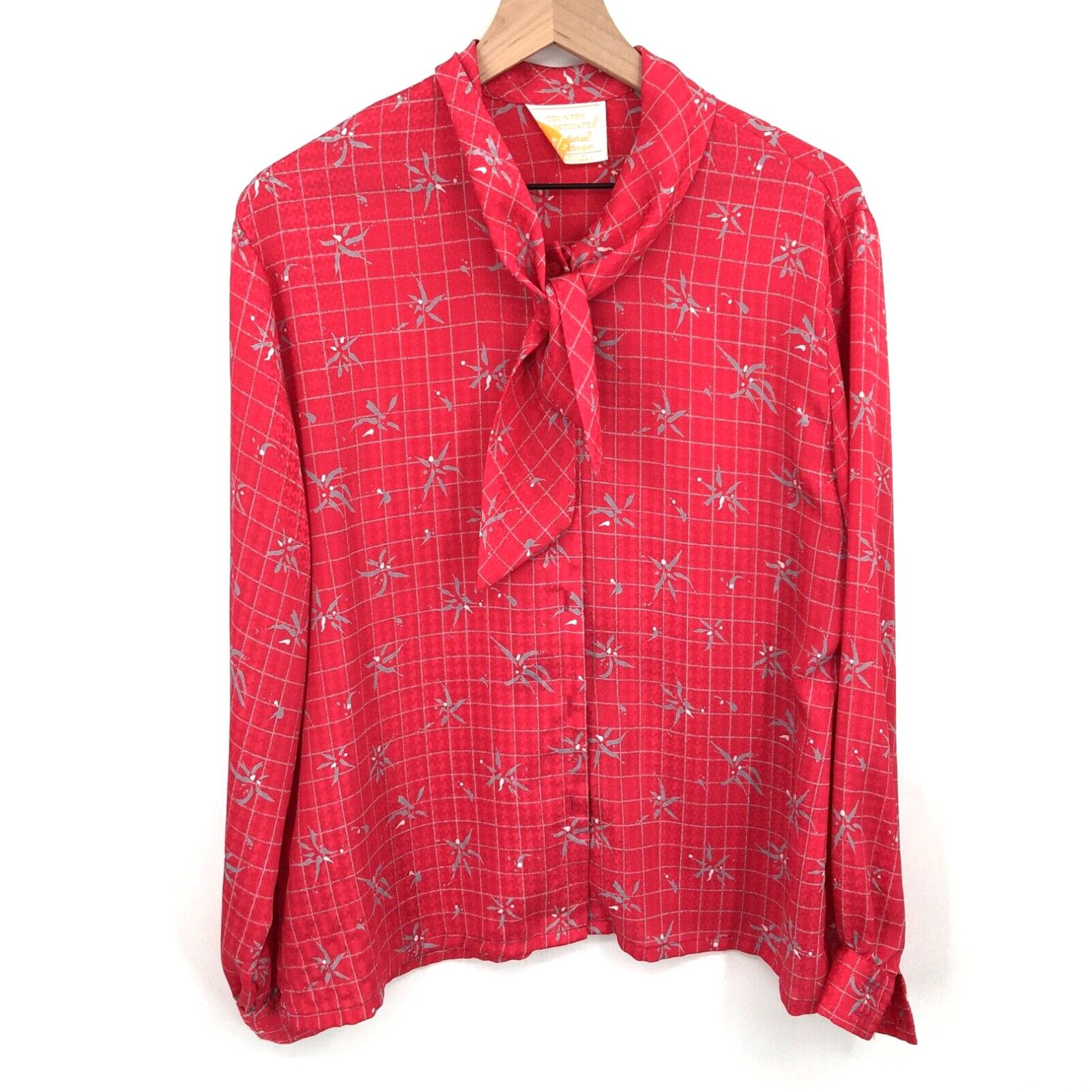 image of VTG Country Sophisticates Pendleton Pussy Bow 70's Cottagecore Blouse Red Top 16 in White, Women's 