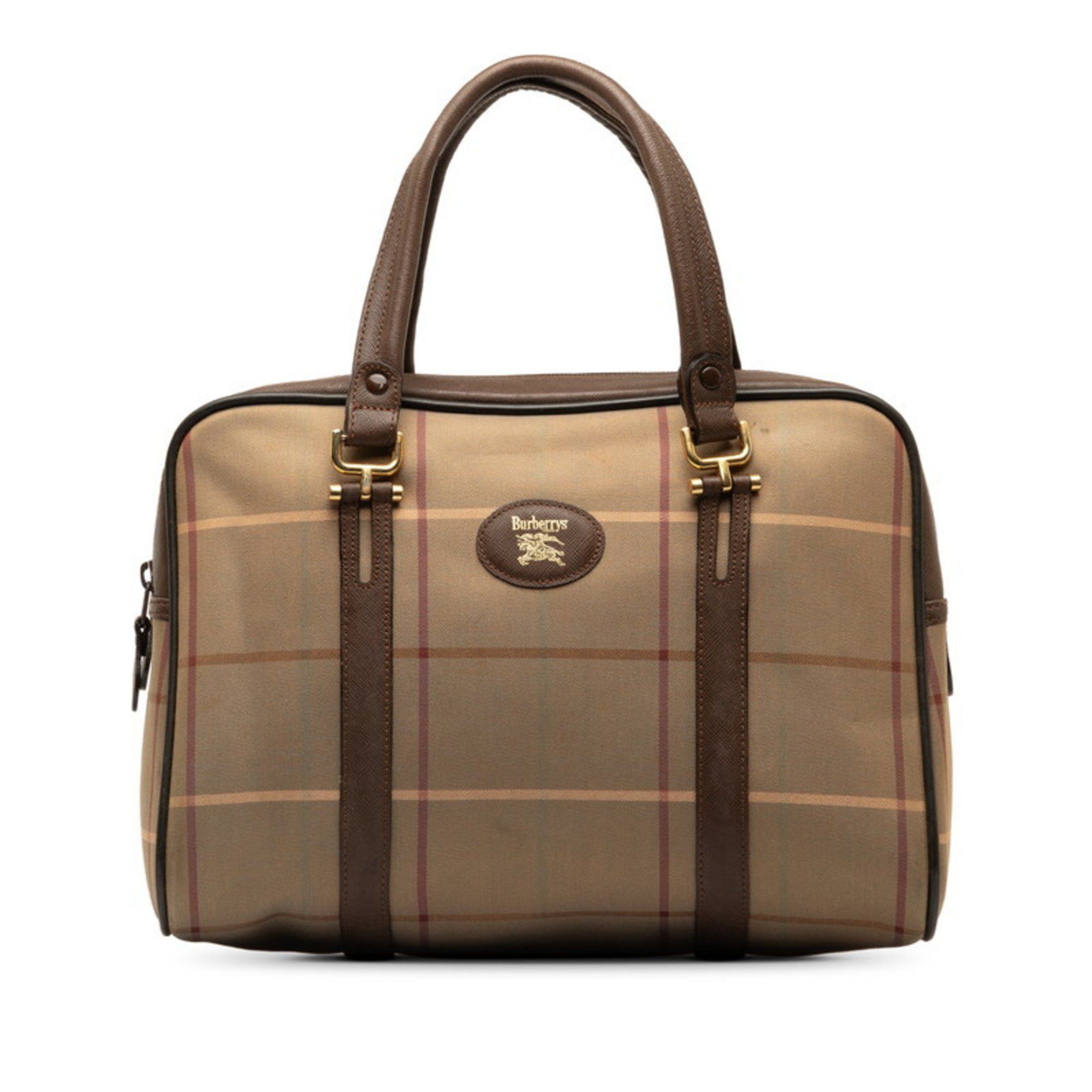image of Burberry Check Handbag Khaki Brown Nylon Leather Women's Burberry