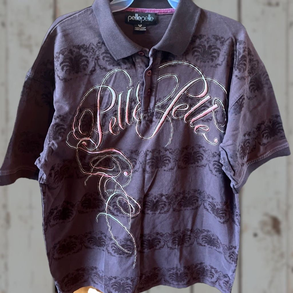 Pelle Pelle Pelle Pelle Polo Shirt Embossed Spell Out Velvet 3 Button Short Sleeve XL Men Brown with Pink & White Embroidery Size US XL / EU 56 / 4 - 1 Thumbnail
