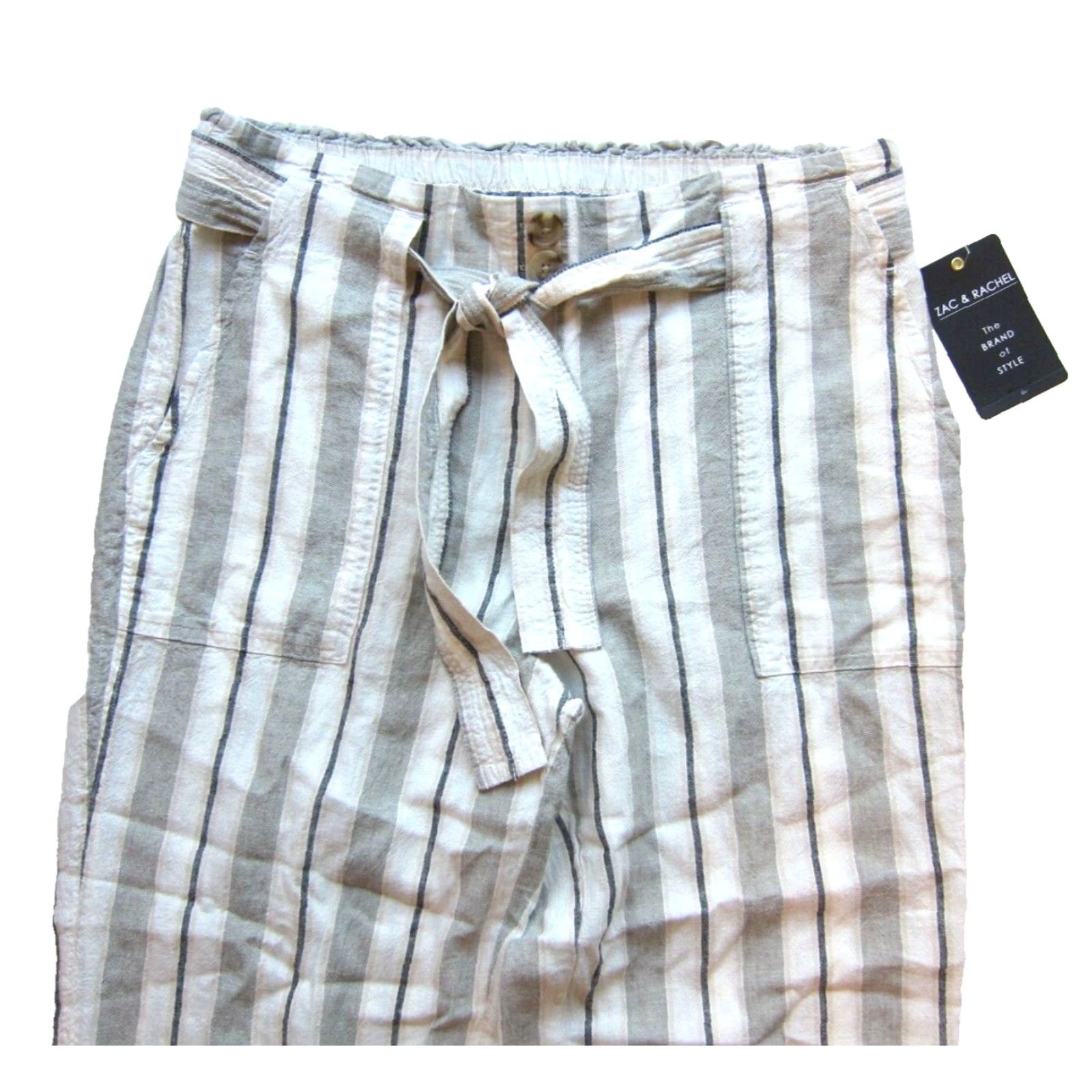 Vintage VINTAGE Zac & Rachel Linen Olive Green Ivory Black Stripe Pocket Wide Leg Pant Large Size 36" / US 14 / IT 50 - 4 Thumbnail