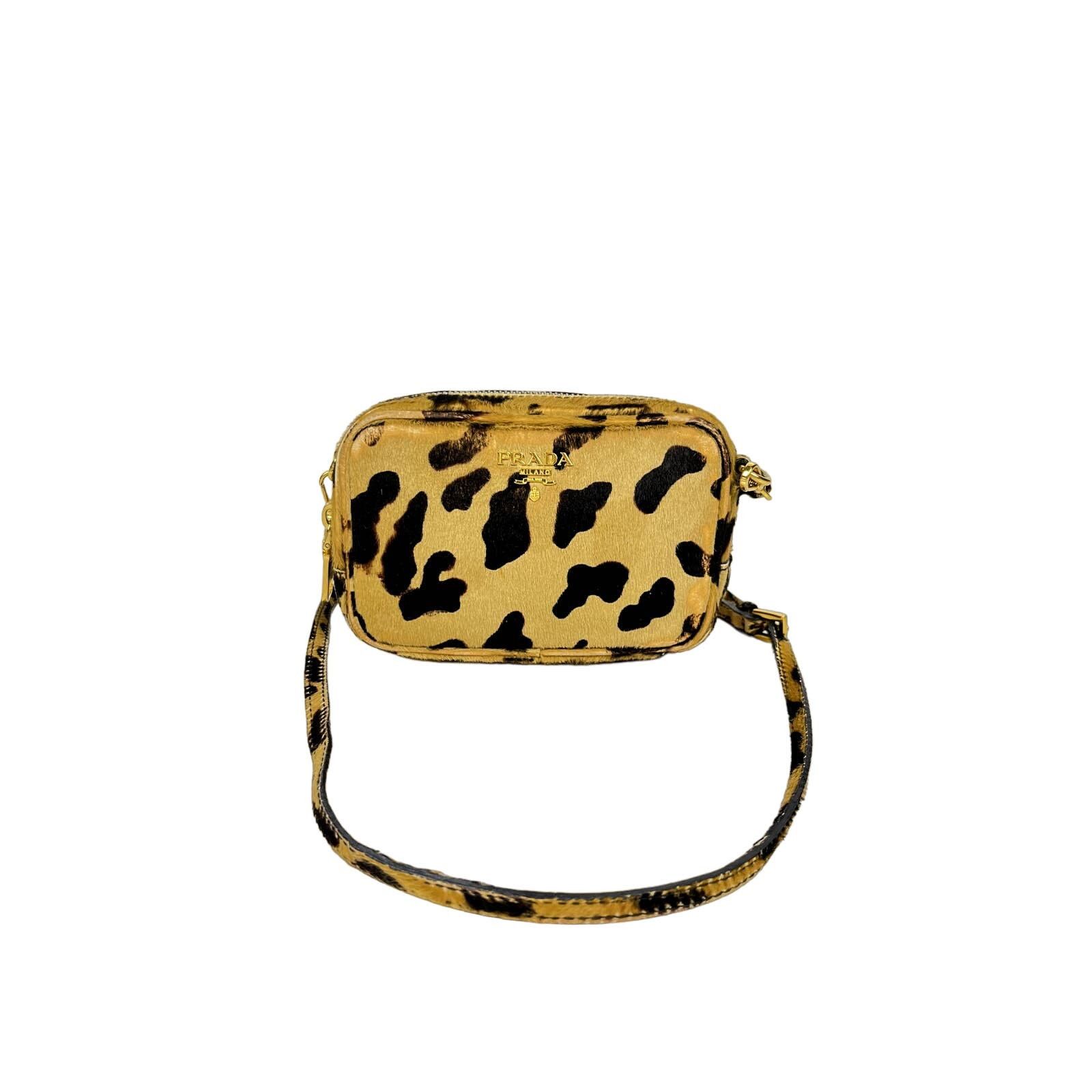 image of Prada Leopard Spotted Print Fur Shoulder Bag in Beige, Men's