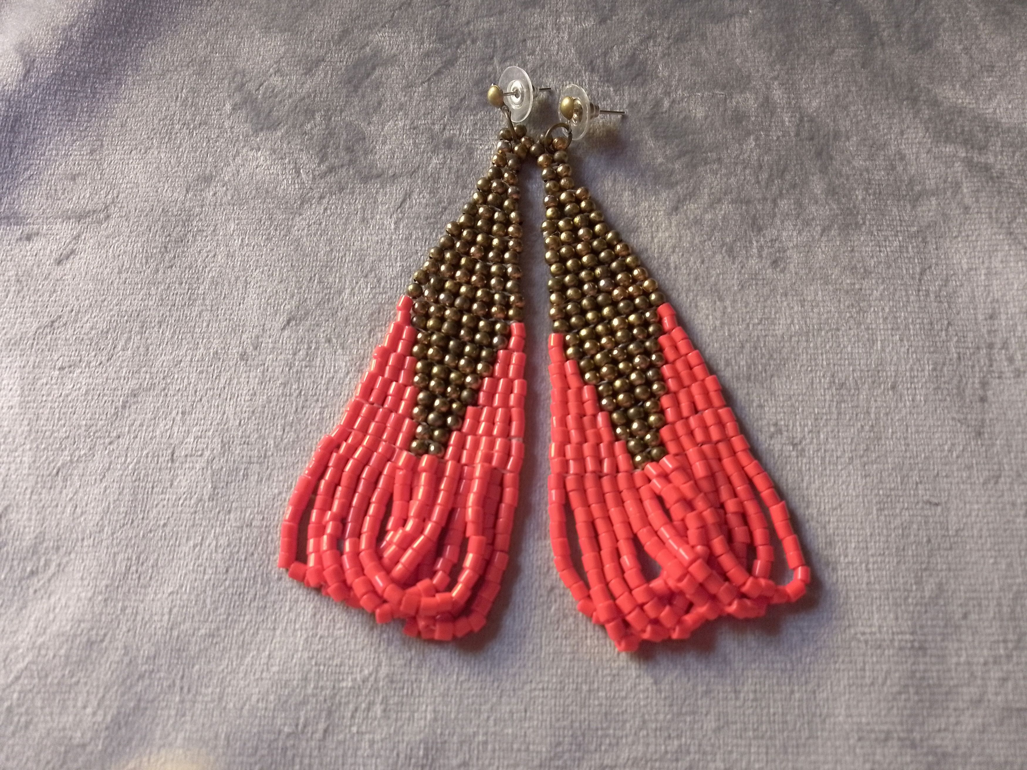 Handmade Earrings Antique Brass Red Glass Long Embroidered Elegant Size ONE SIZE - 1 Thumbnail