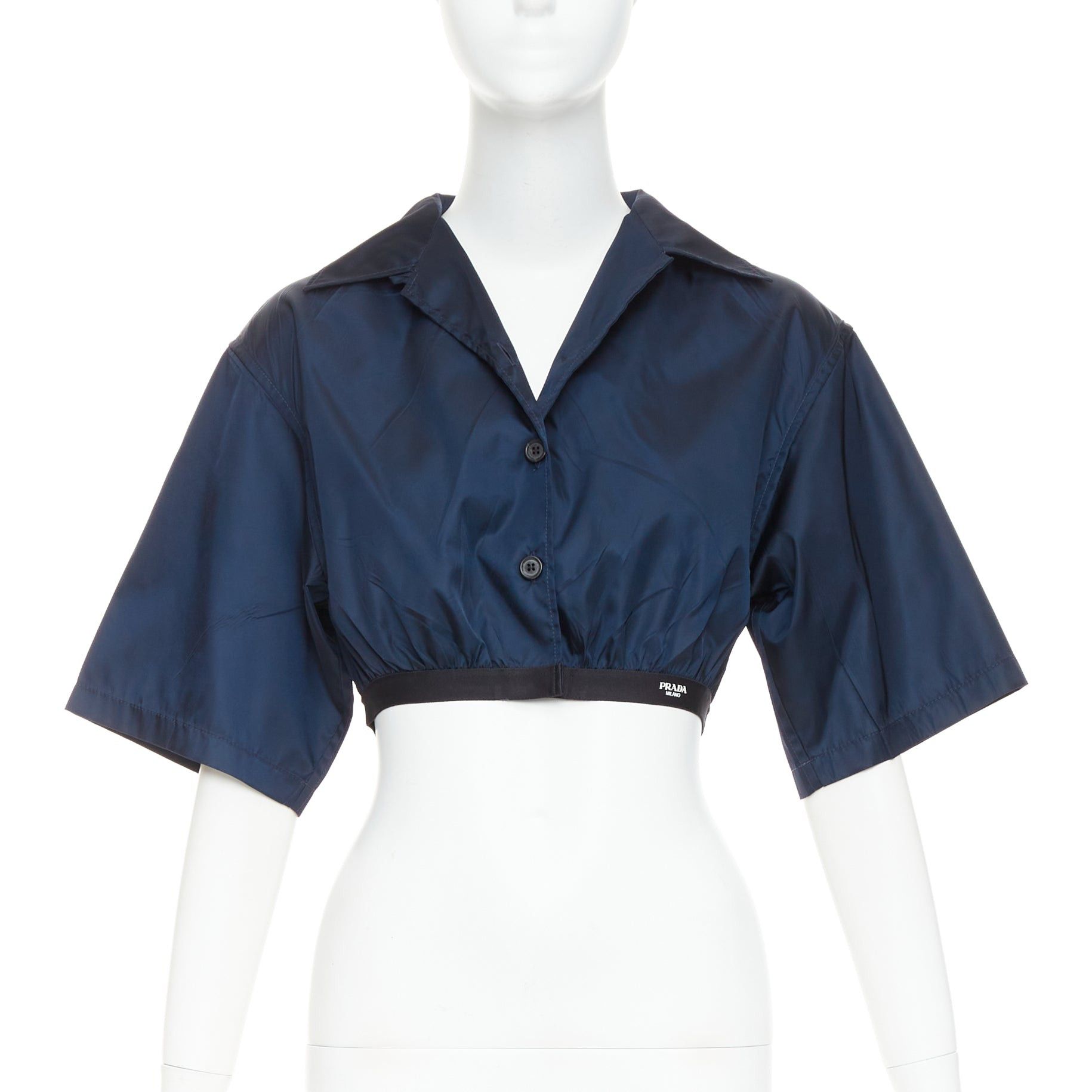 Prada PRADA 2022 Re-Nylon navy blue white logo cropped boxy shirt IT38 XS Size XS / US 0-2 / IT 36-38 - 1 Thumbnail