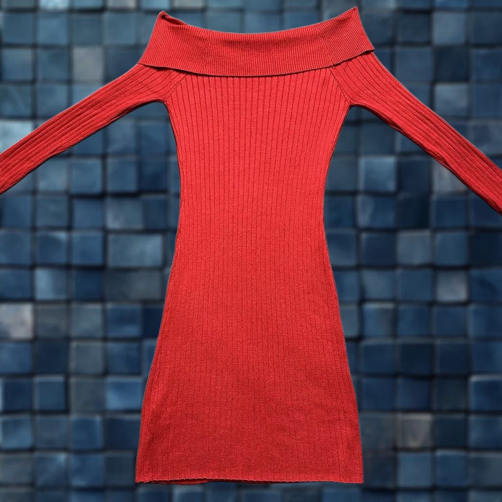 Vintage Alison Andrews Midi Dress Womens M Red Ribbed Off Shoulder Long Sleeve Slim Size M / US 6-8 / IT 42-44 - 1 Thumbnail