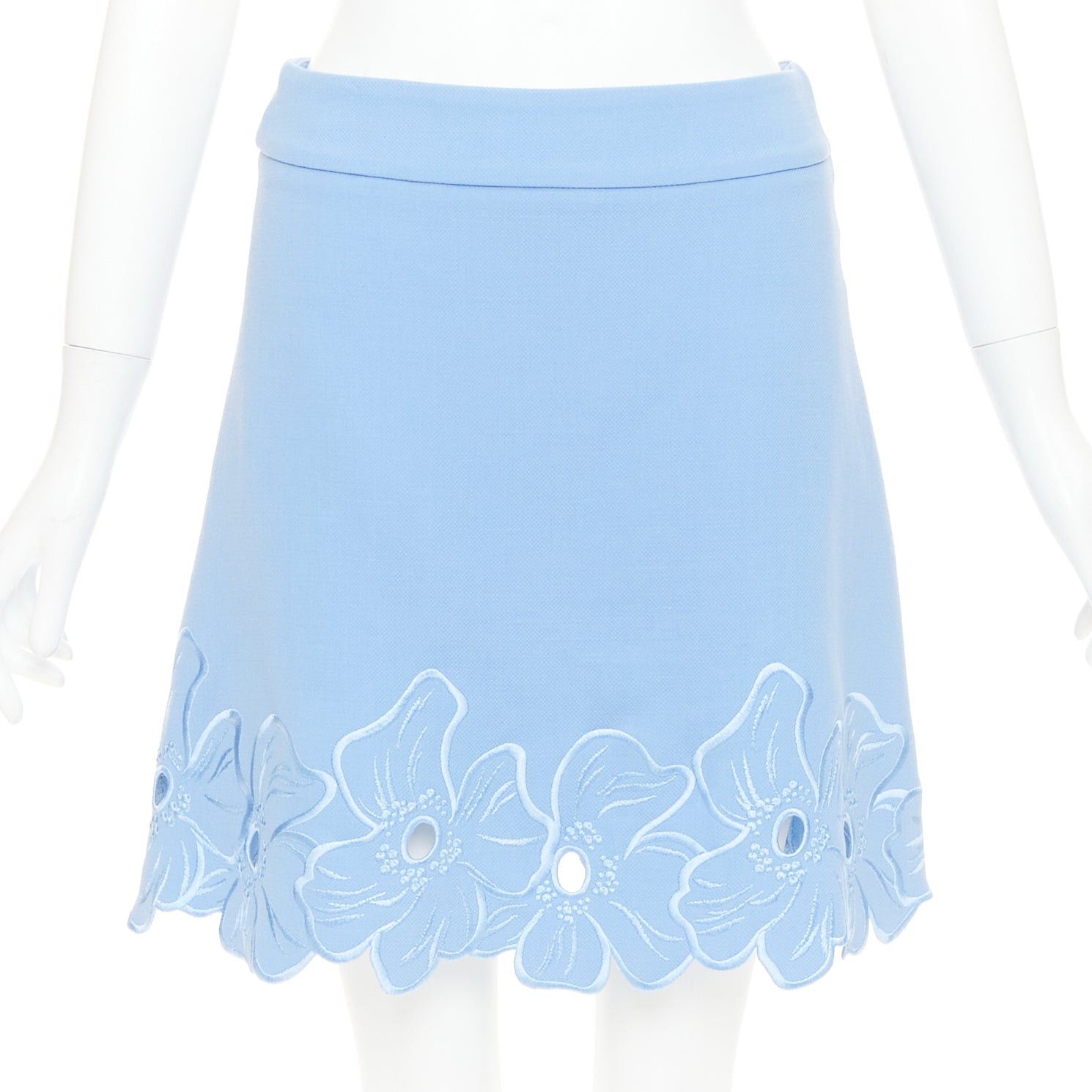 Dior CHRISTIAN DIOR powder blue wool crepe floral cutout embroidered hem mini skirt FR38 M Size 28" / US 6 / IT 42 - 1 Thumbnail
