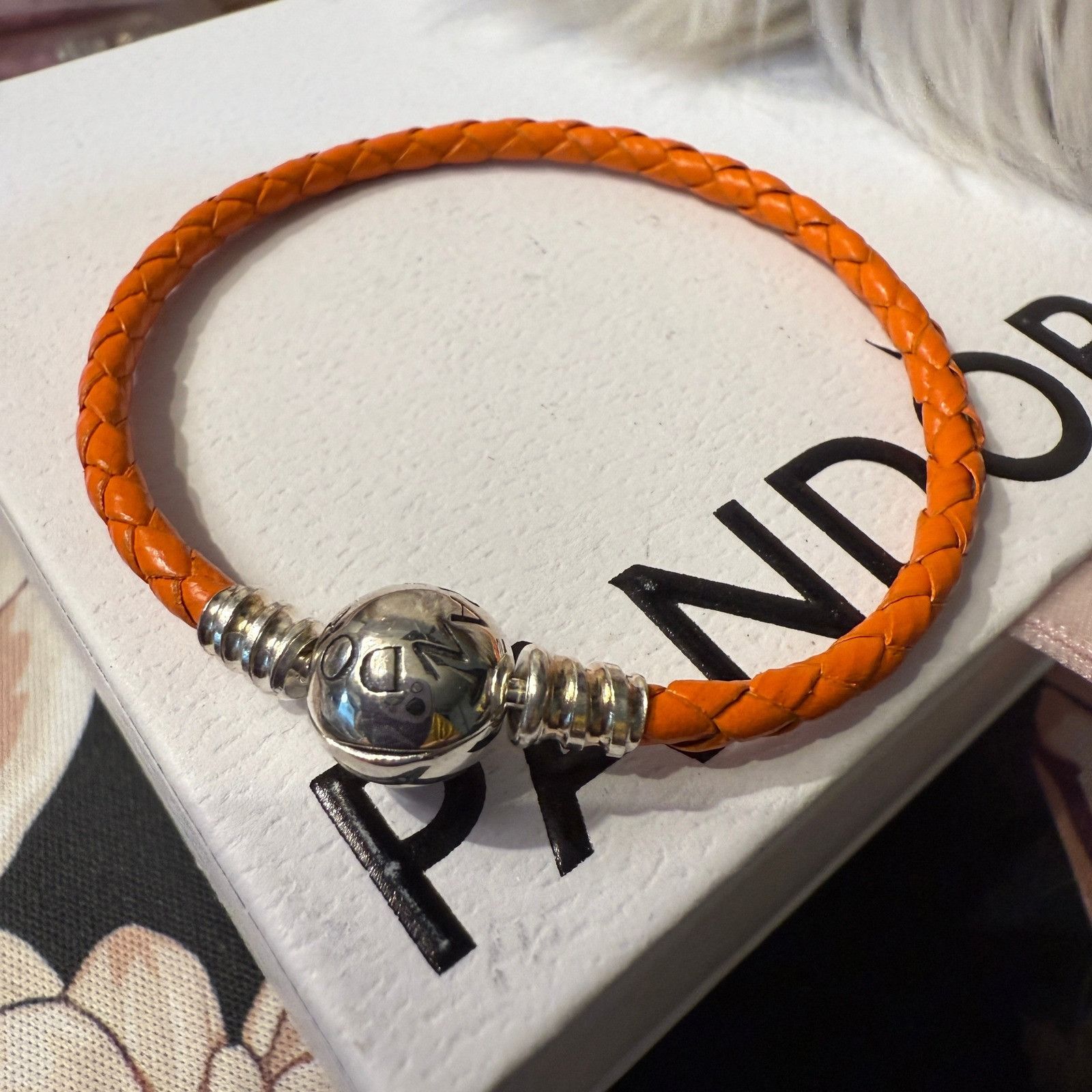 pandora Authentic Pandora, 17CM, Orange Braided Leather Bracelet, Si Size ONE SIZE - 5 Thumbnail