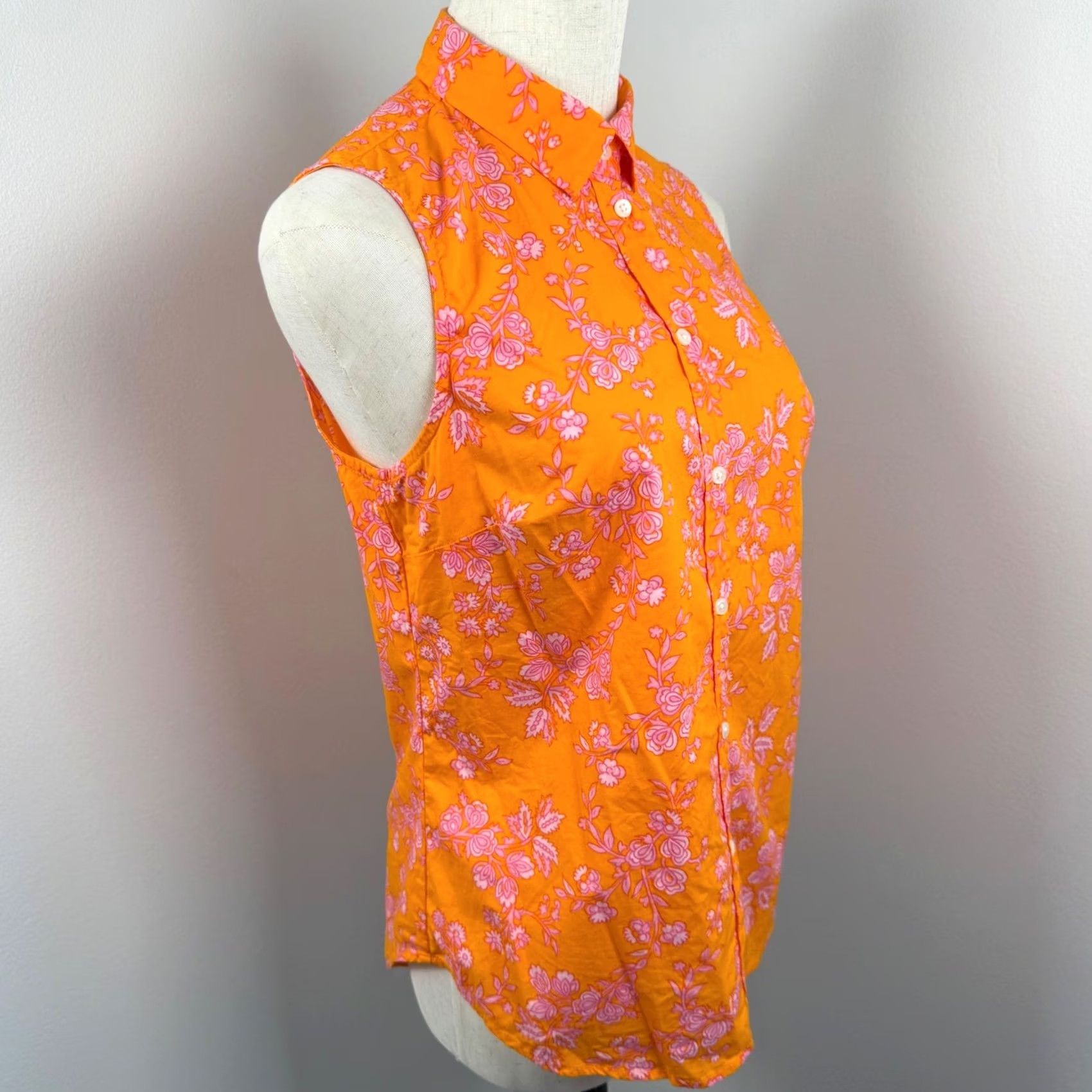 J.Crew VINTAGE? No. (Answer requires non-VINTAGE) J.CREW Floral Sleeveless Button-Down Top Orange Pink Re-Imagined Cotton Blend EUC Womens S Small? (Oops) Size S / US 4 / IT 40 - 4 Thumbnail