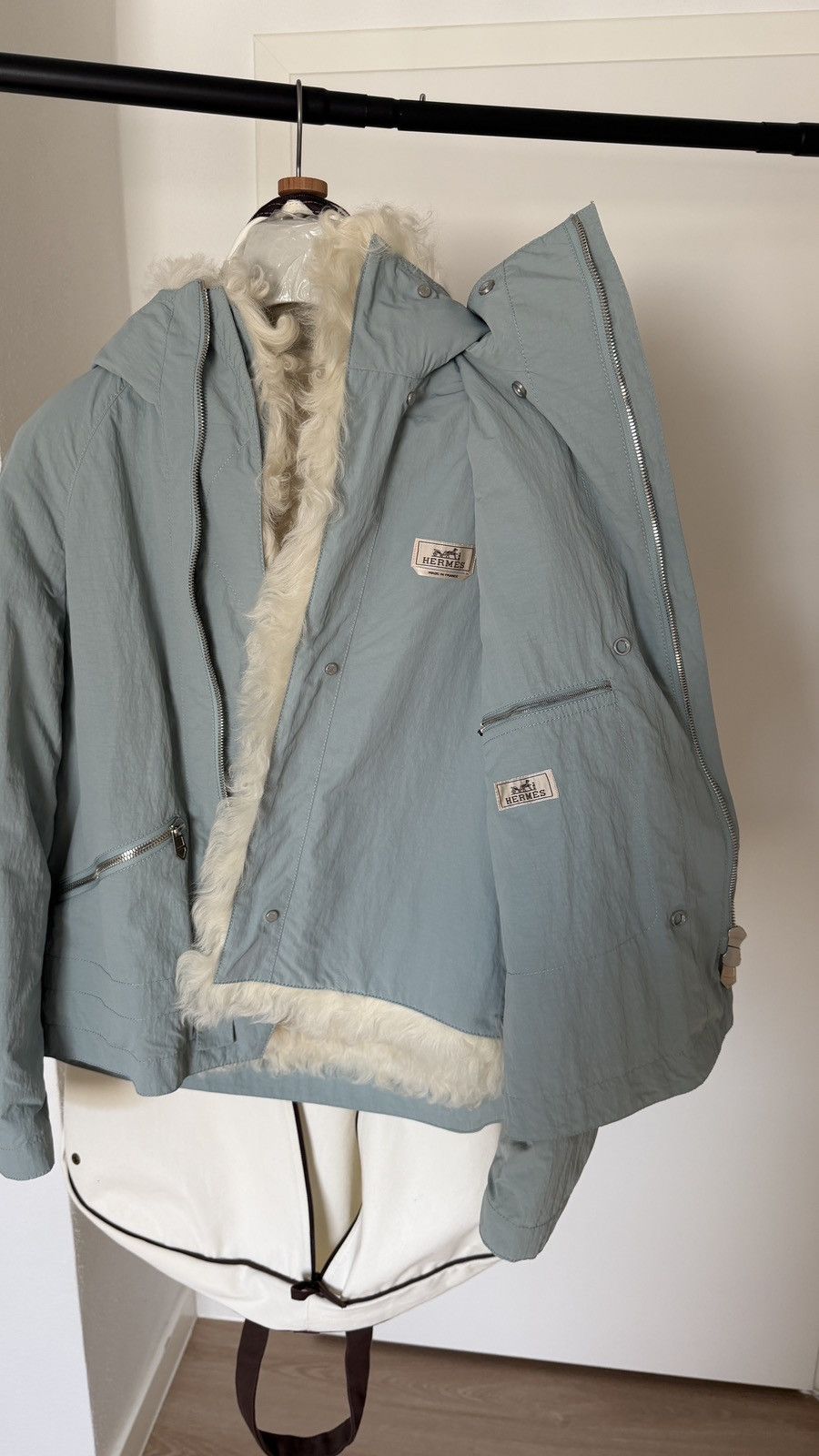 Hermes $20,000 FW22 Mens Runway 2 in 1 Ice Blue Lamb Fur Jacket Size US M / EU 48-50 / 2 - 7 Thumbnail
