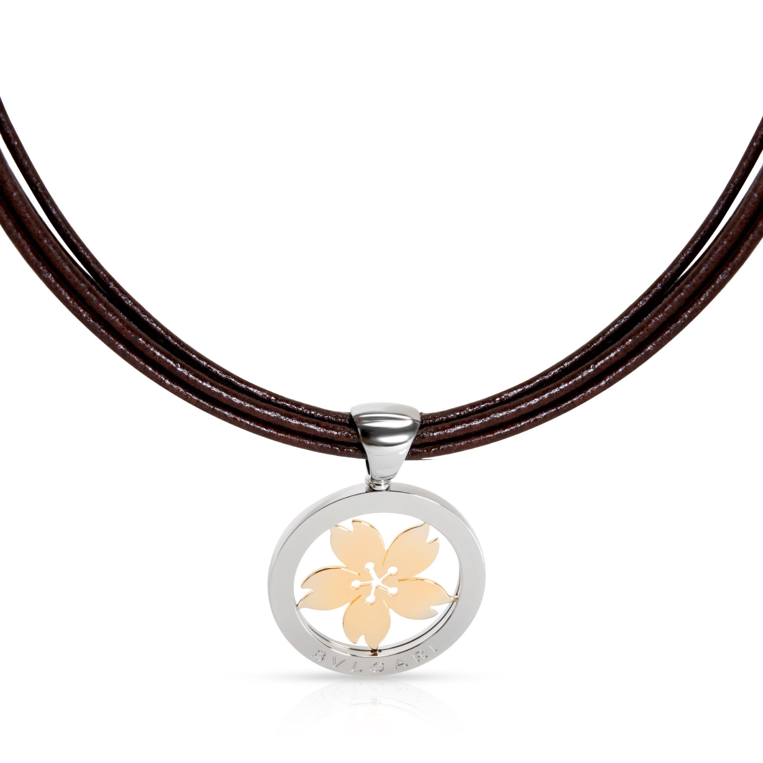 image of Bvlgari Bulgari Tondo Sakura Necklace In 18K Yellow Gold & Stainless Steel On Leather, Women's