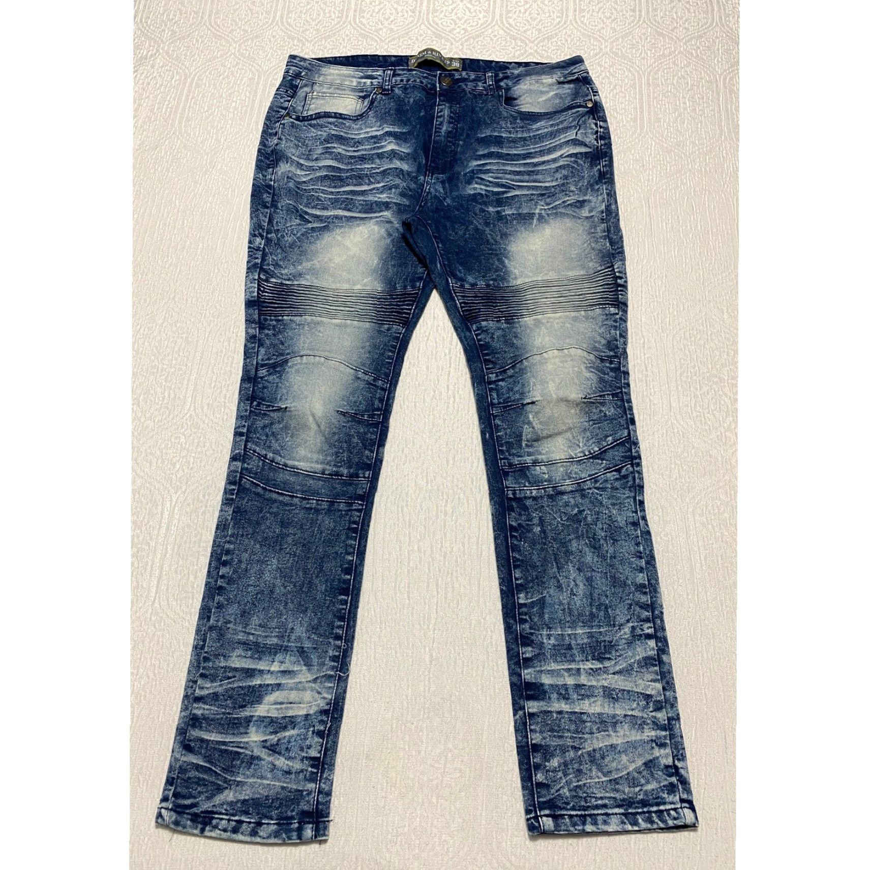 Denime DENIM & RIVETS Premium Moto Jeans Men's 38 Acid Wash Stretch Whiskers Blue Distressed Pockets Zipper Studded Quilted Size US 38 / EU 54 - 2 Thumbnail