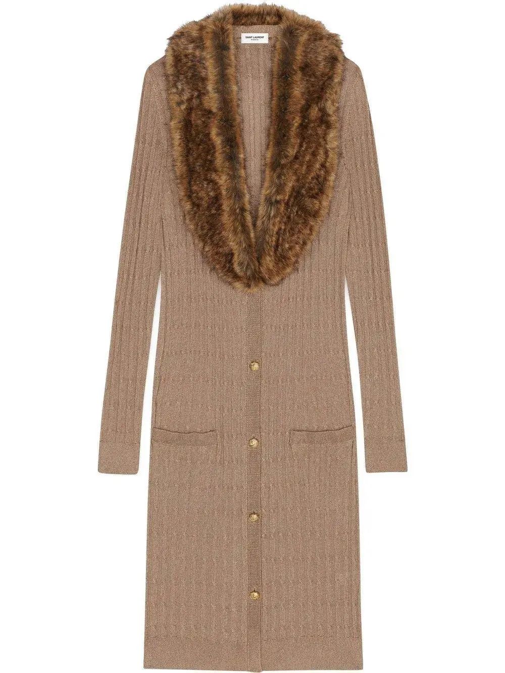 Saint Laurent Paris o1s1wg110924 Long Cardigan Dress Ribbed Knit Wool in Brown Size XS / US 0-2 / IT 36-38 - 1 Thumbnail