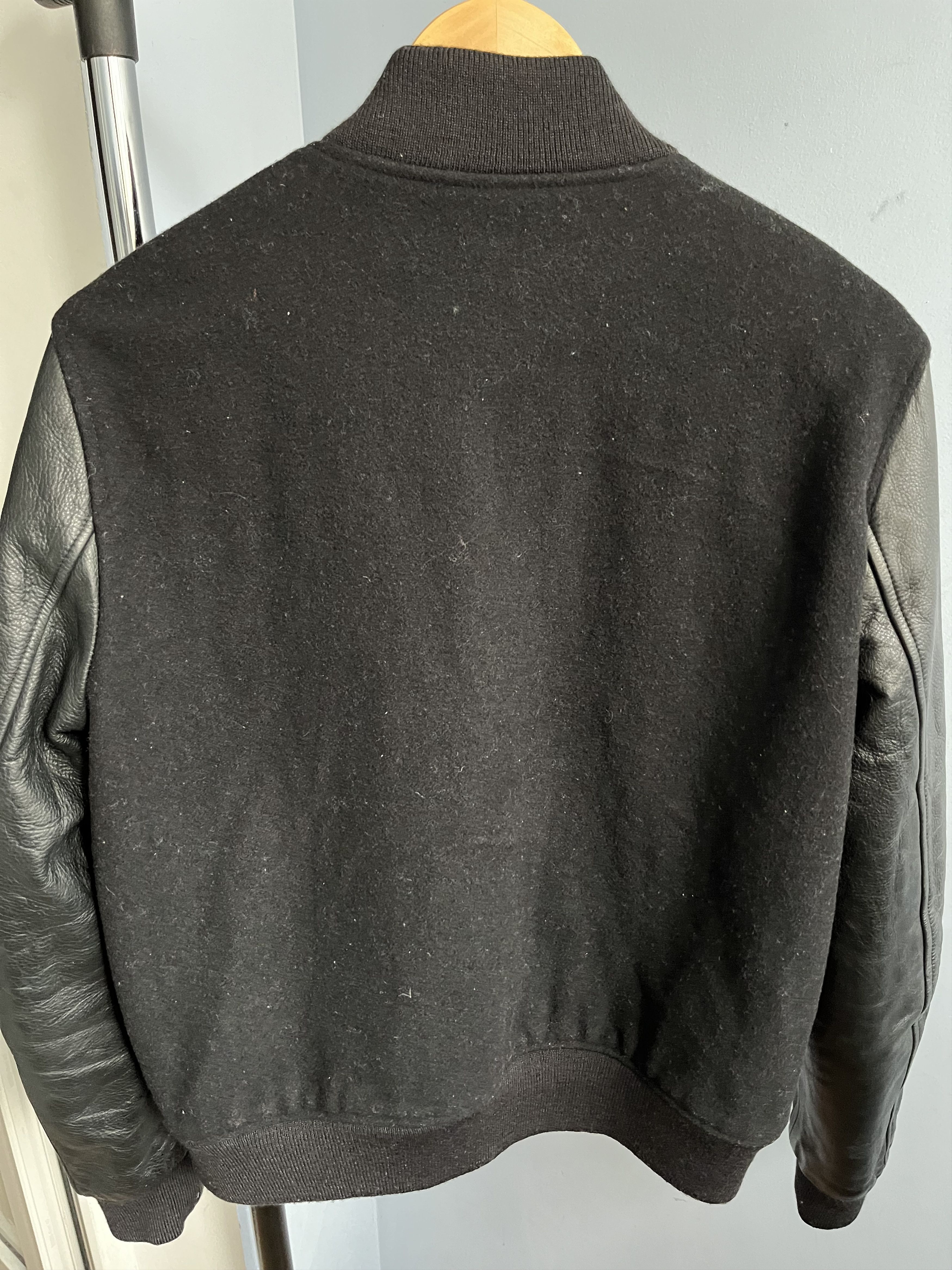 SANDRO Paris wool bomber varsity jacket leather sleeves